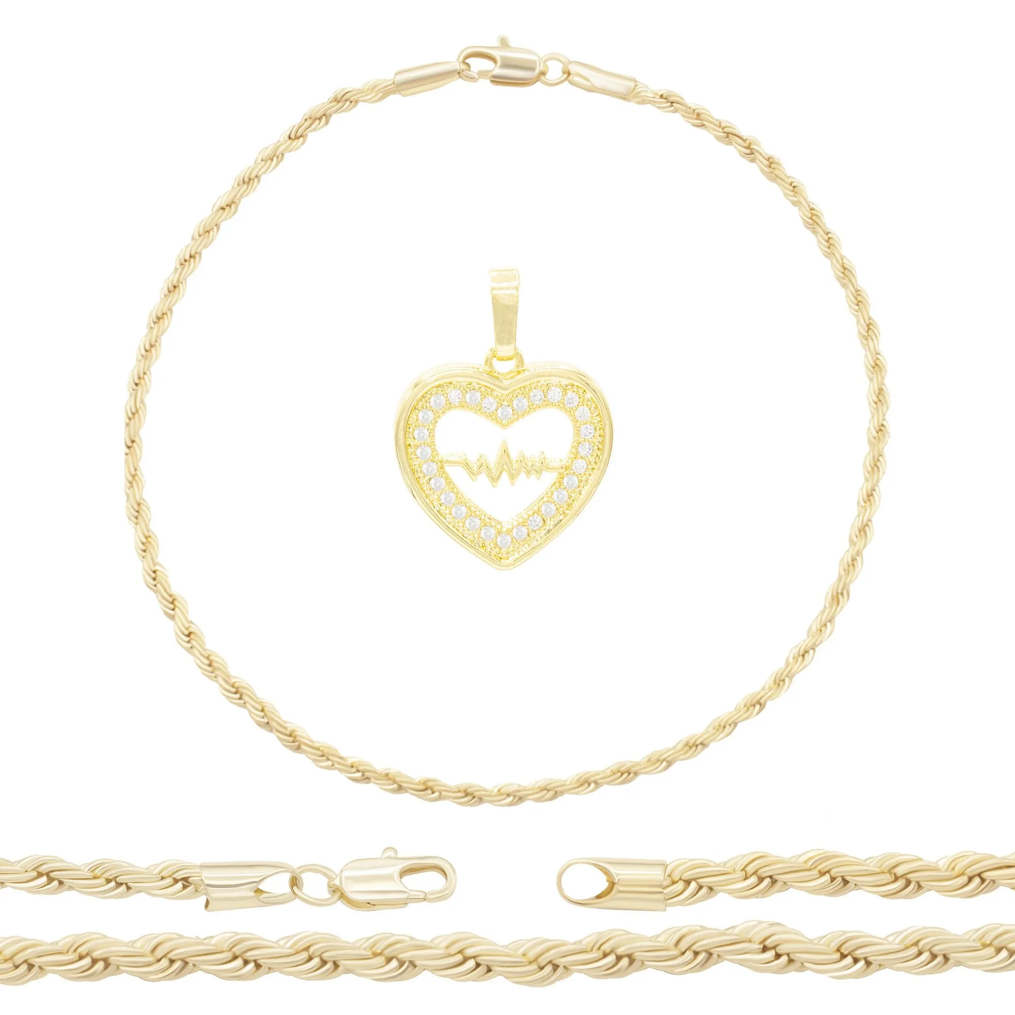 CZ Heart Charm 14K Gold Filled Rope Anklet 10" Chain Women Jewelry