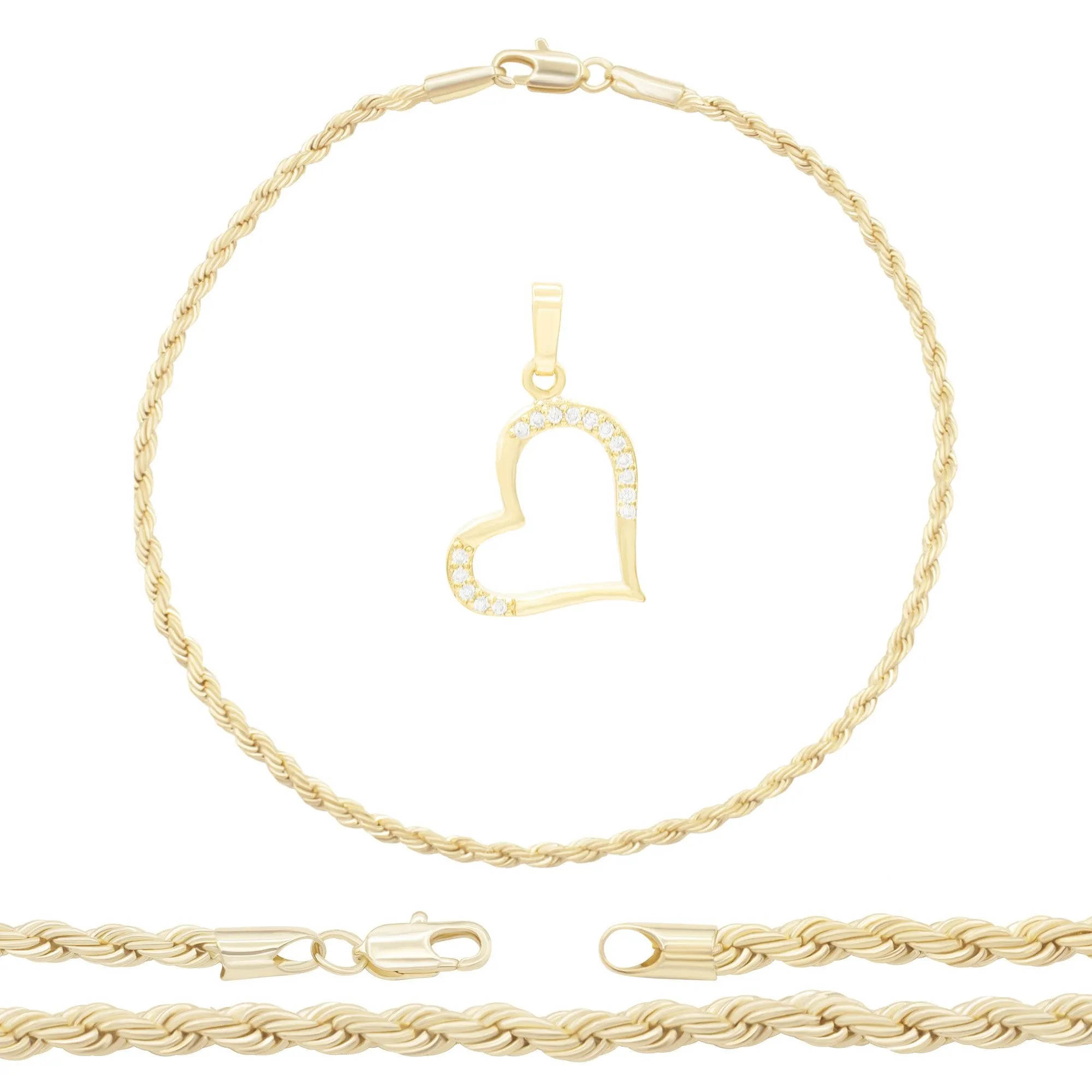 CZ Heart Charm 14K Gold Filled Rope Anklet 10" Chain Women Jewelry