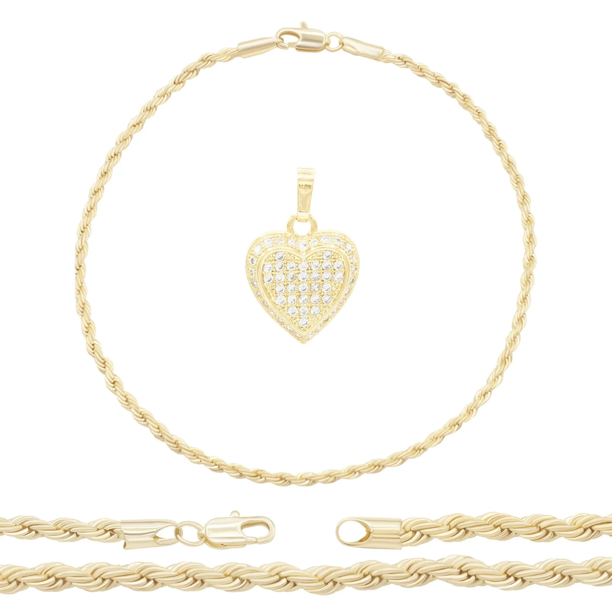 CZ Heart Charm 14K Gold Filled Rope Anklet 10" Chain Women Jewelry