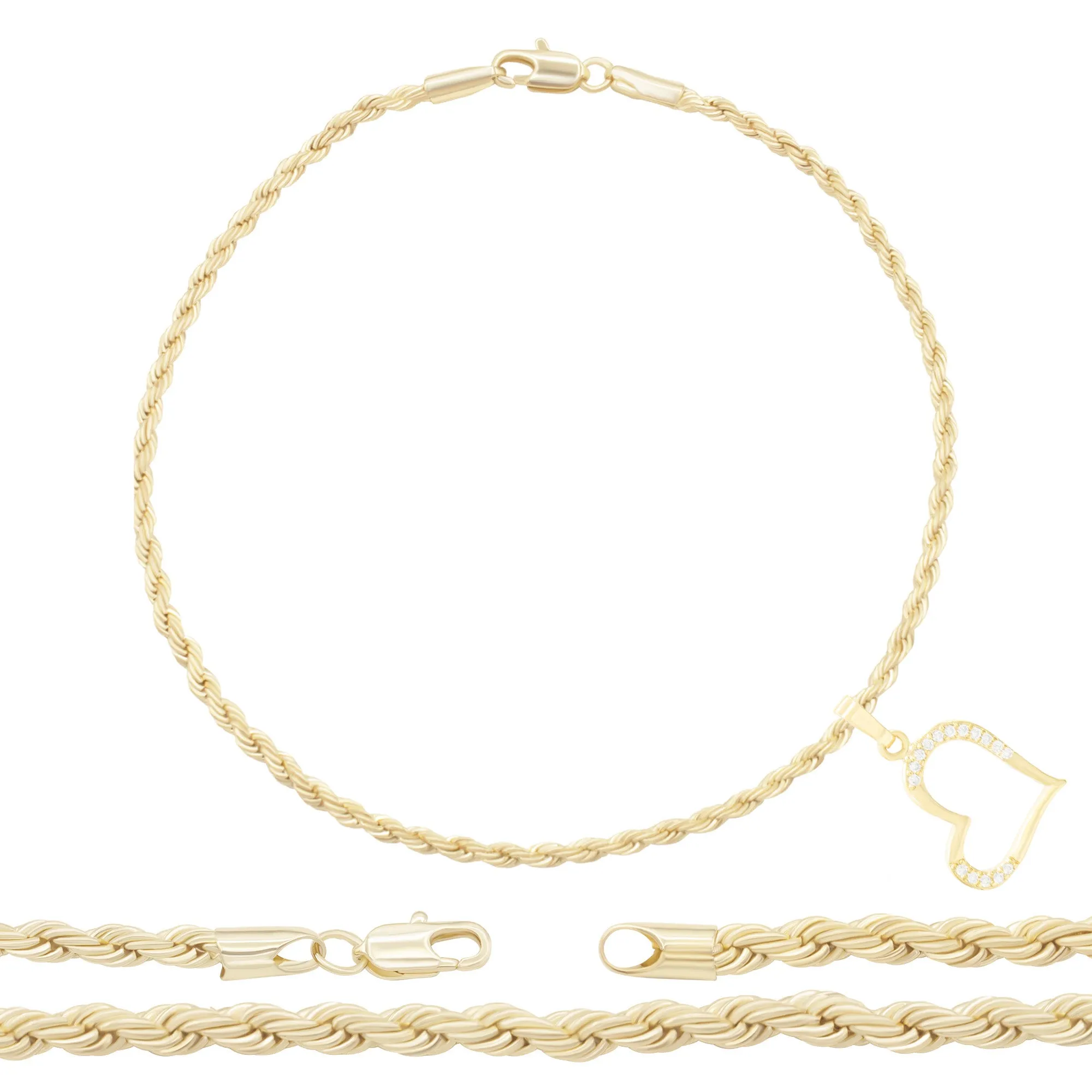 CZ Heart Charm 14K Gold Filled Rope Anklet 10" Chain Women Jewelry
