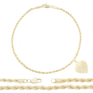 CZ Heart Charm 14K Gold Filled Rope Anklet 10" Chain Women Jewelry