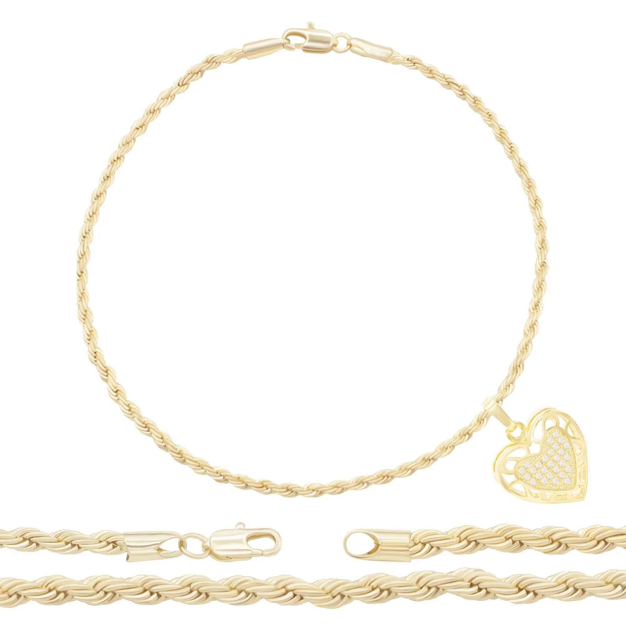 CZ Heart Charm 14K Gold Filled Rope Anklet 10" Chain Women Jewelry
