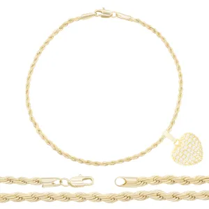 CZ Heart Charm 14K Gold Filled Rope Anklet 10" Chain Women Jewelry