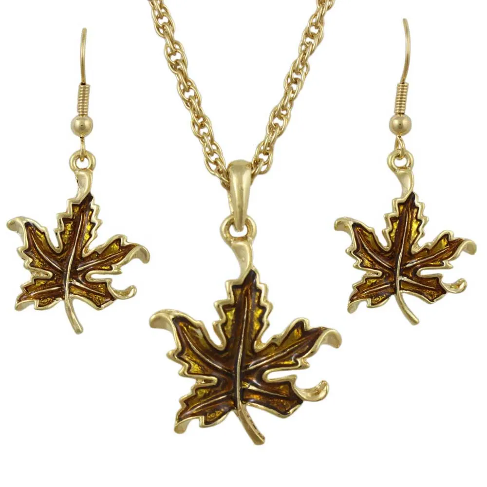 Dark Gold Enamel Maple Leaf Necklace and Earring Set - PRL341NS