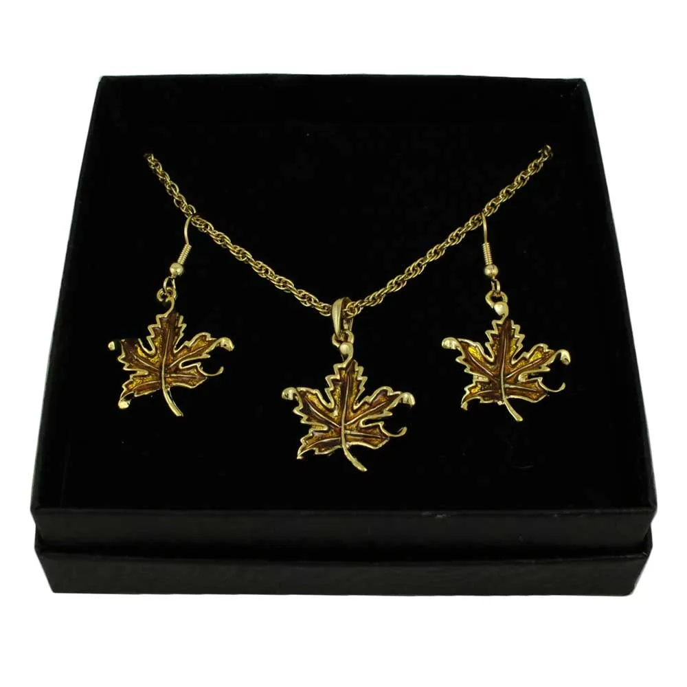 Dark Gold Enamel Maple Leaf Necklace and Earring Set - PRL341NS