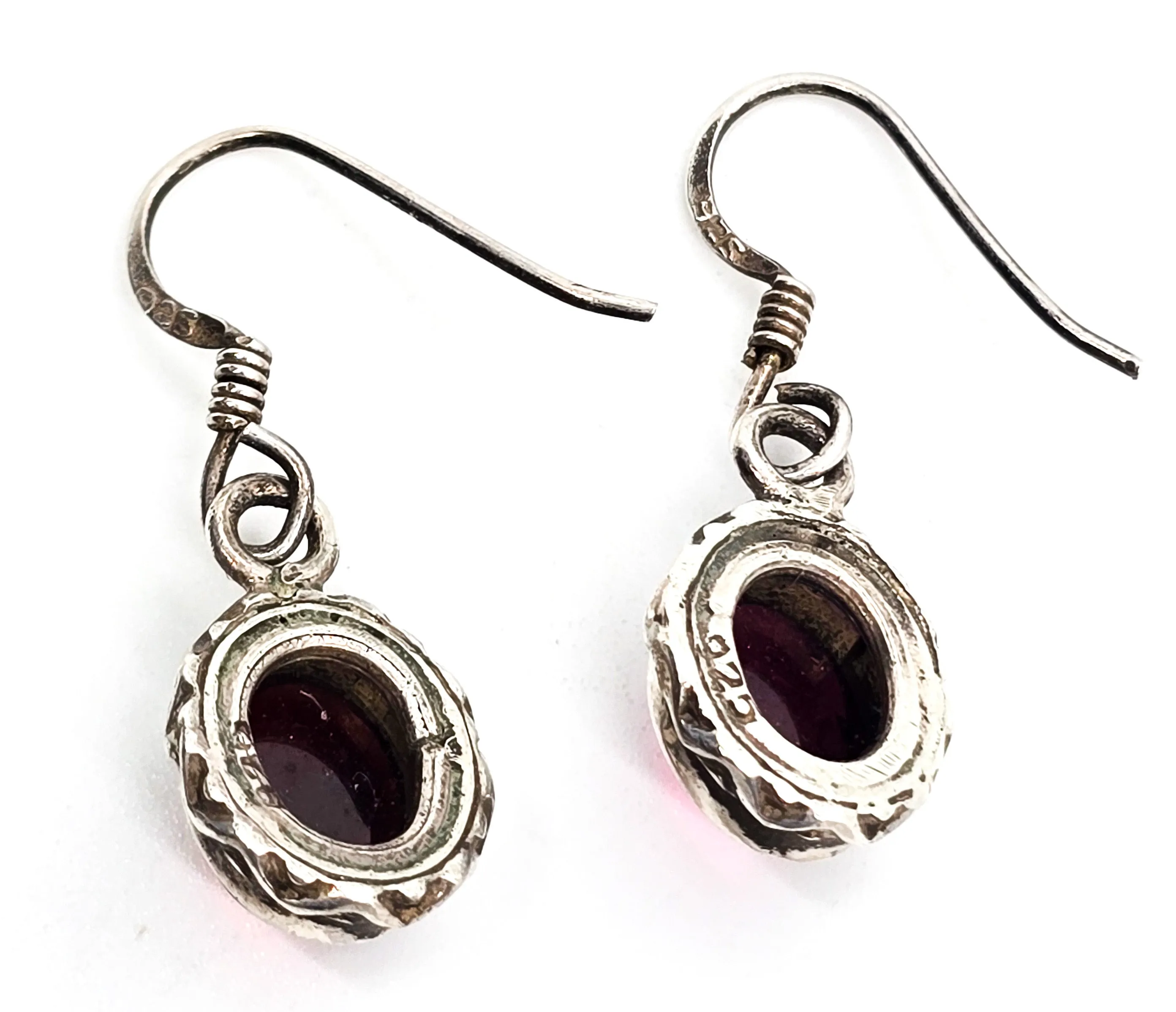 Deep red garnet gemstone cabs open work sterling silver drop gemstone earrings