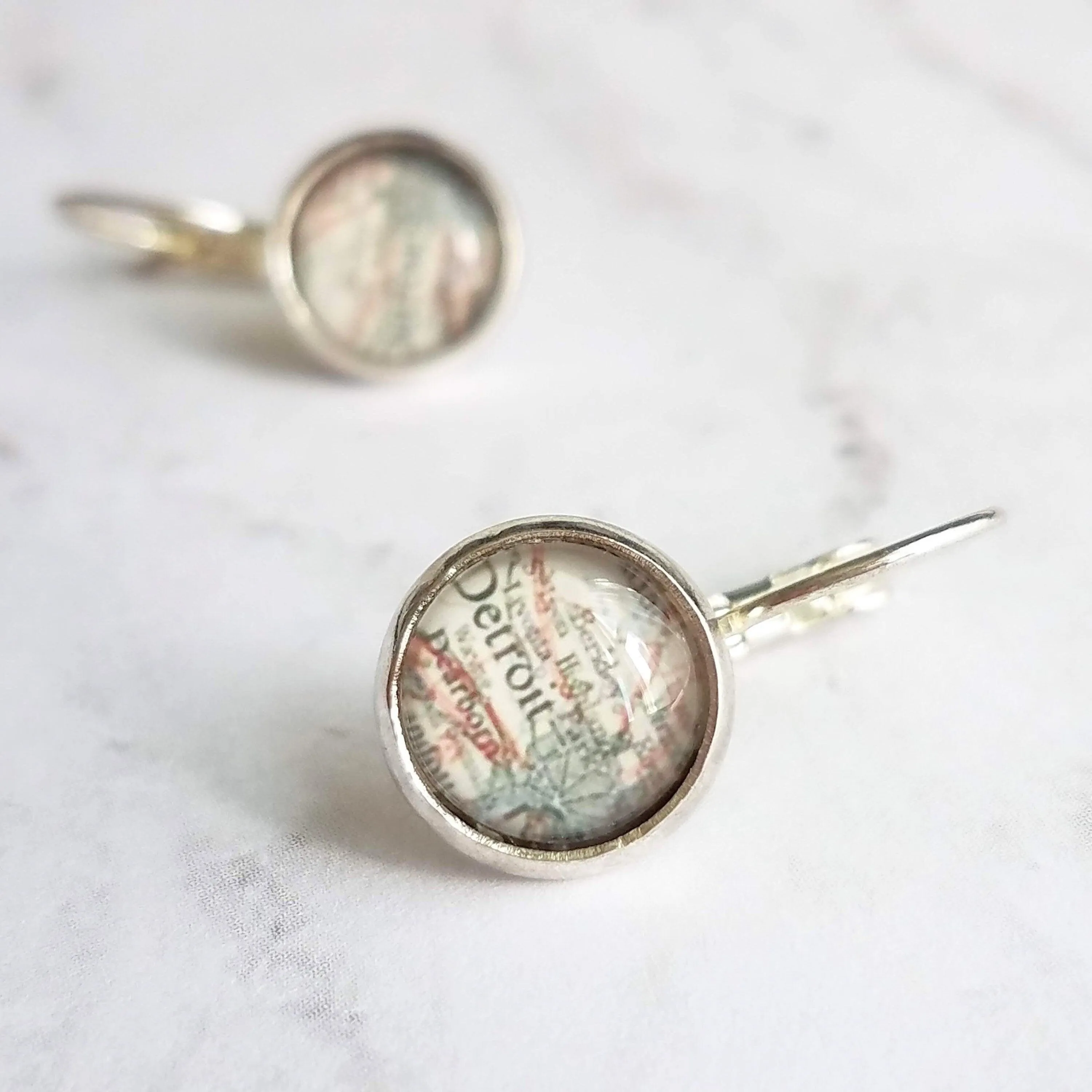 Detroit Michigan Jewelry - silver leverback hook earrings with tiny metro area city map - Livonia Berkley Wayne Dearborn Highland Park gift
