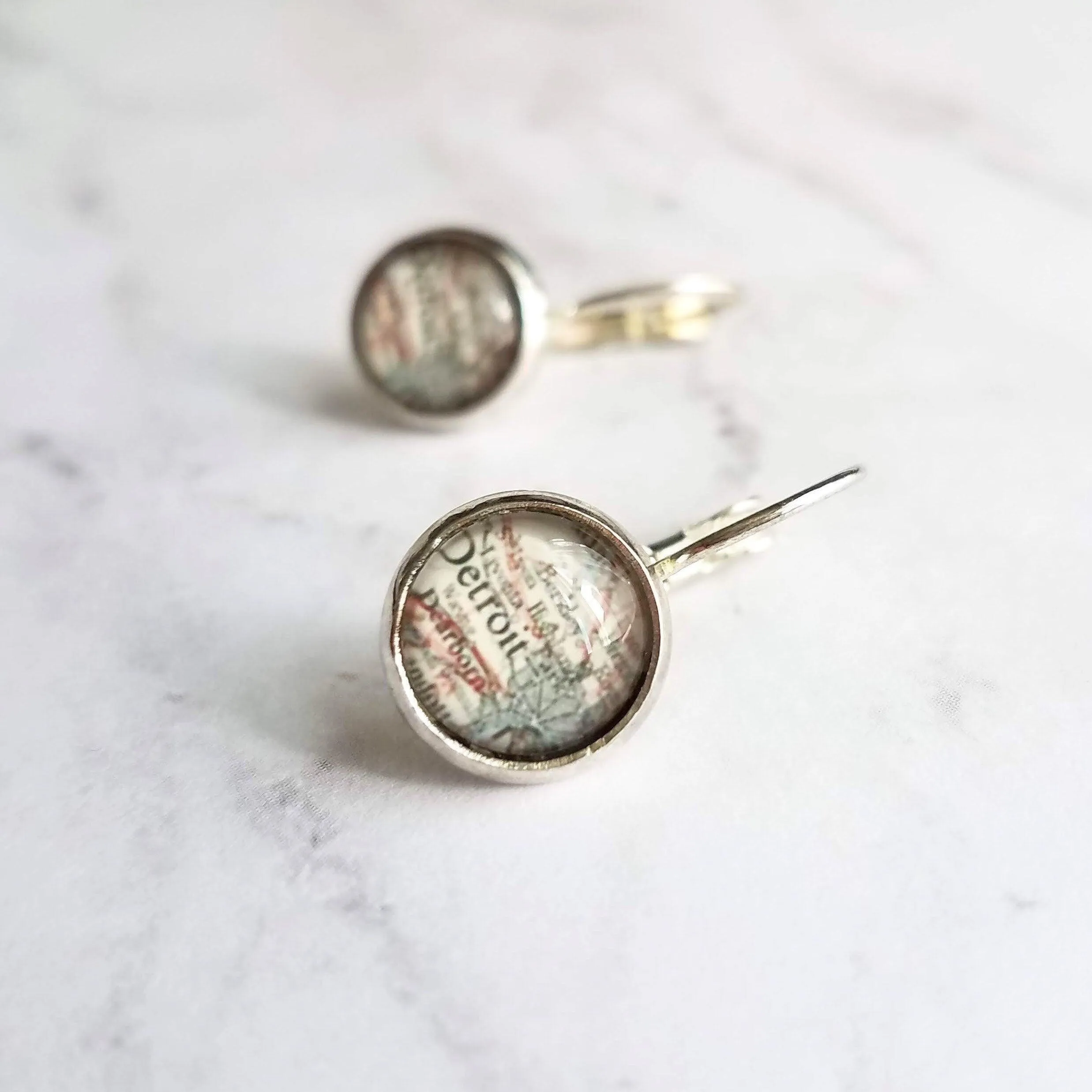Detroit Michigan Jewelry - silver leverback hook earrings with tiny metro area city map - Livonia Berkley Wayne Dearborn Highland Park gift