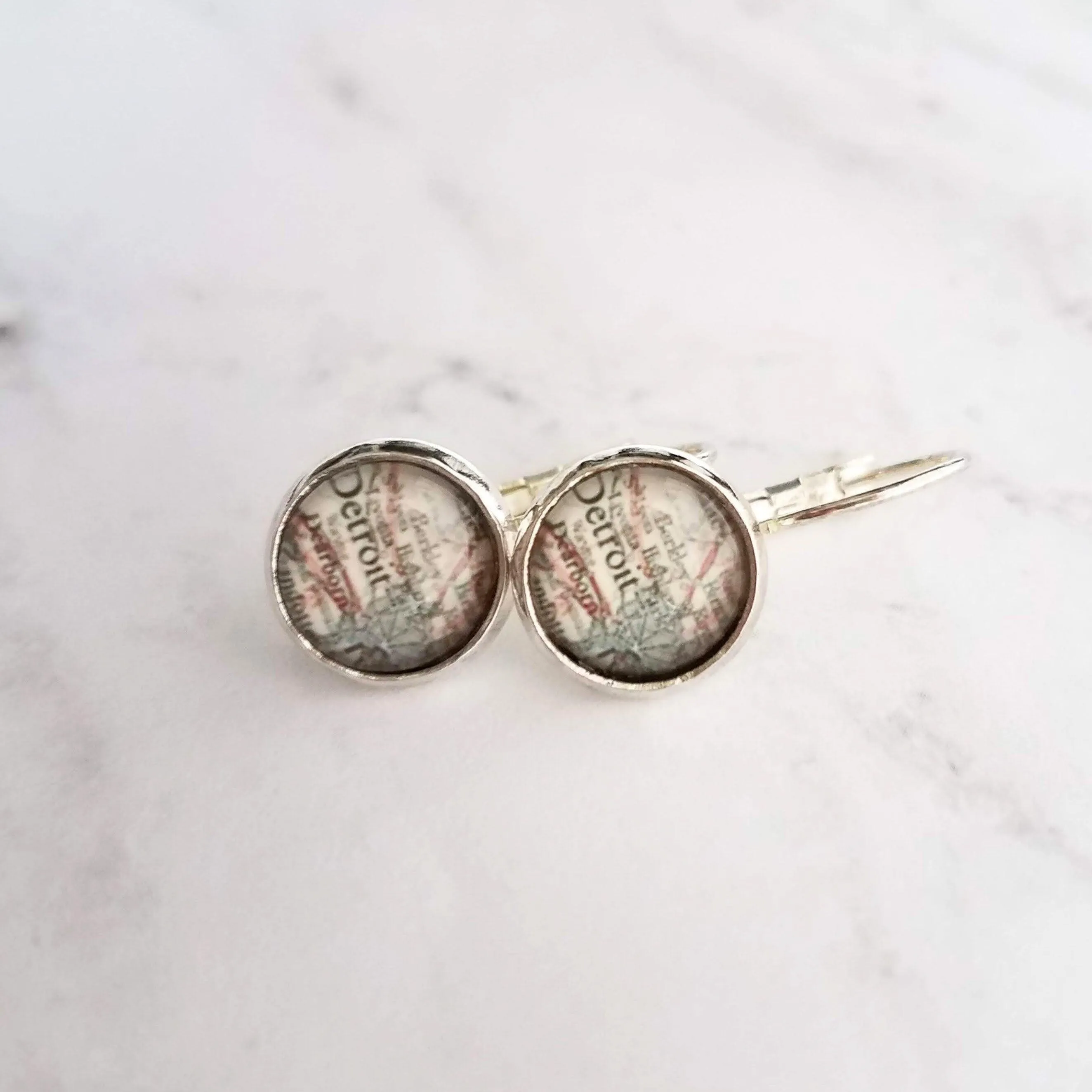 Detroit Michigan Jewelry - silver leverback hook earrings with tiny metro area city map - Livonia Berkley Wayne Dearborn Highland Park gift