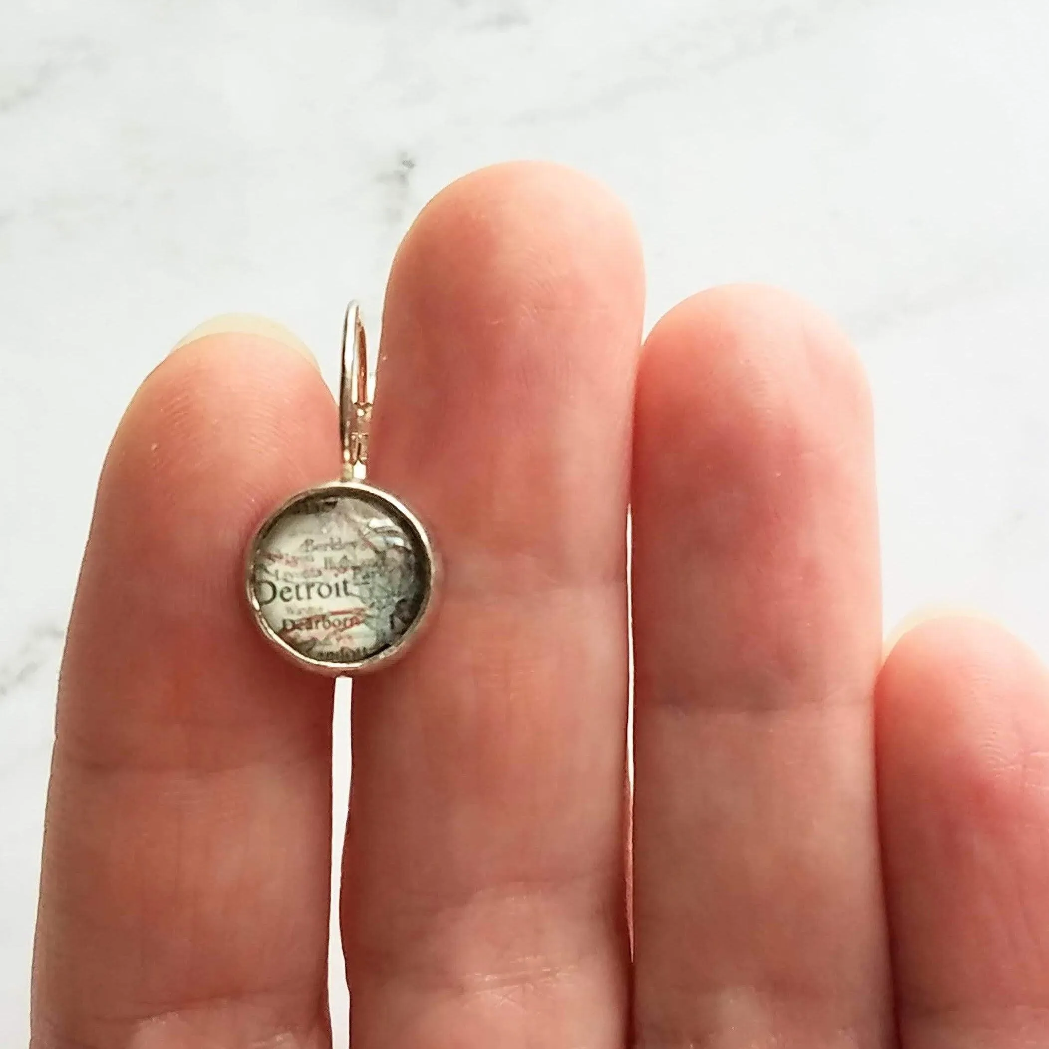 Detroit Michigan Jewelry - silver leverback hook earrings with tiny metro area city map - Livonia Berkley Wayne Dearborn Highland Park gift