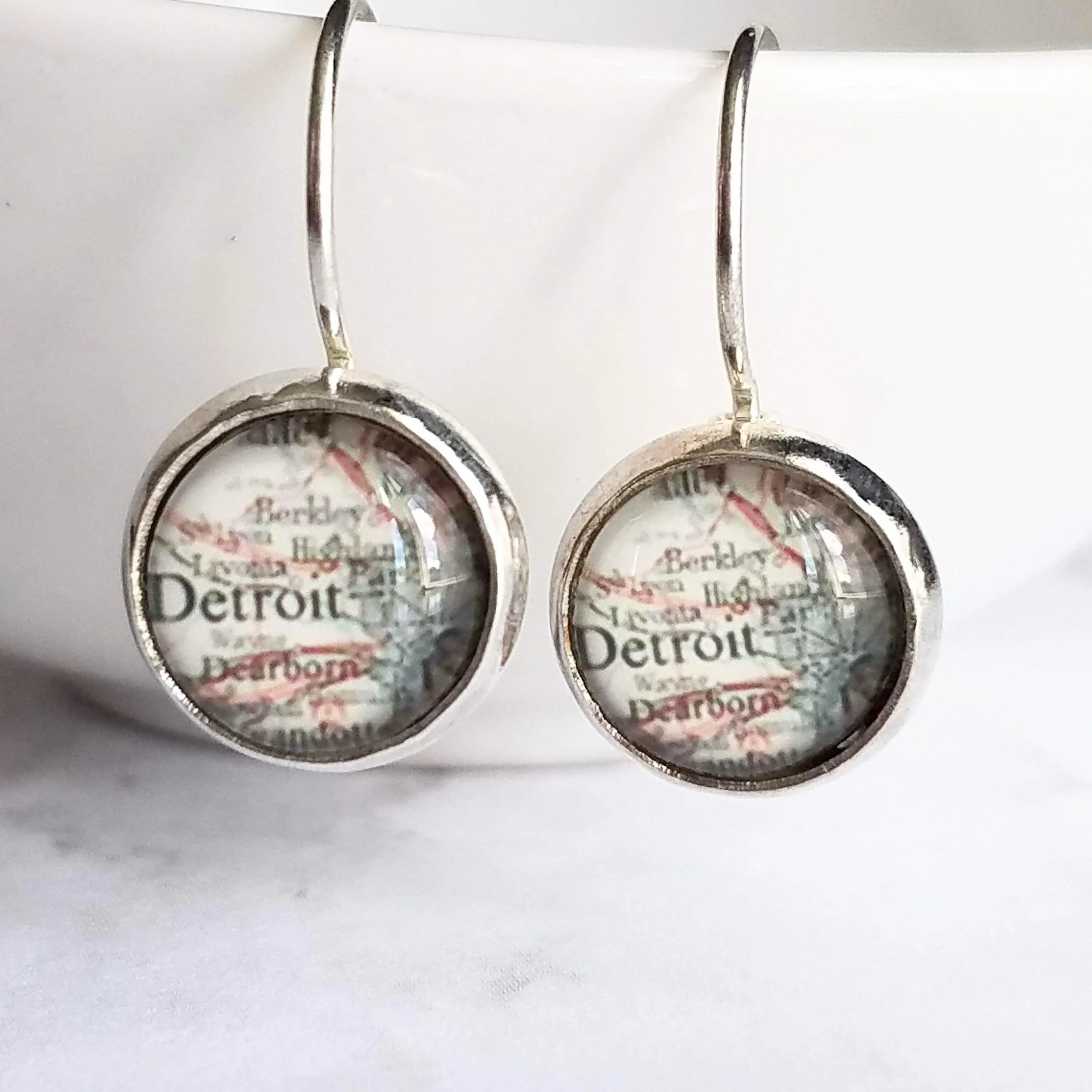 Detroit Michigan Jewelry - silver leverback hook earrings with tiny metro area city map - Livonia Berkley Wayne Dearborn Highland Park gift