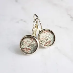 Detroit Michigan Jewelry - silver leverback hook earrings with tiny metro area city map - Livonia Berkley Wayne Dearborn Highland Park gift