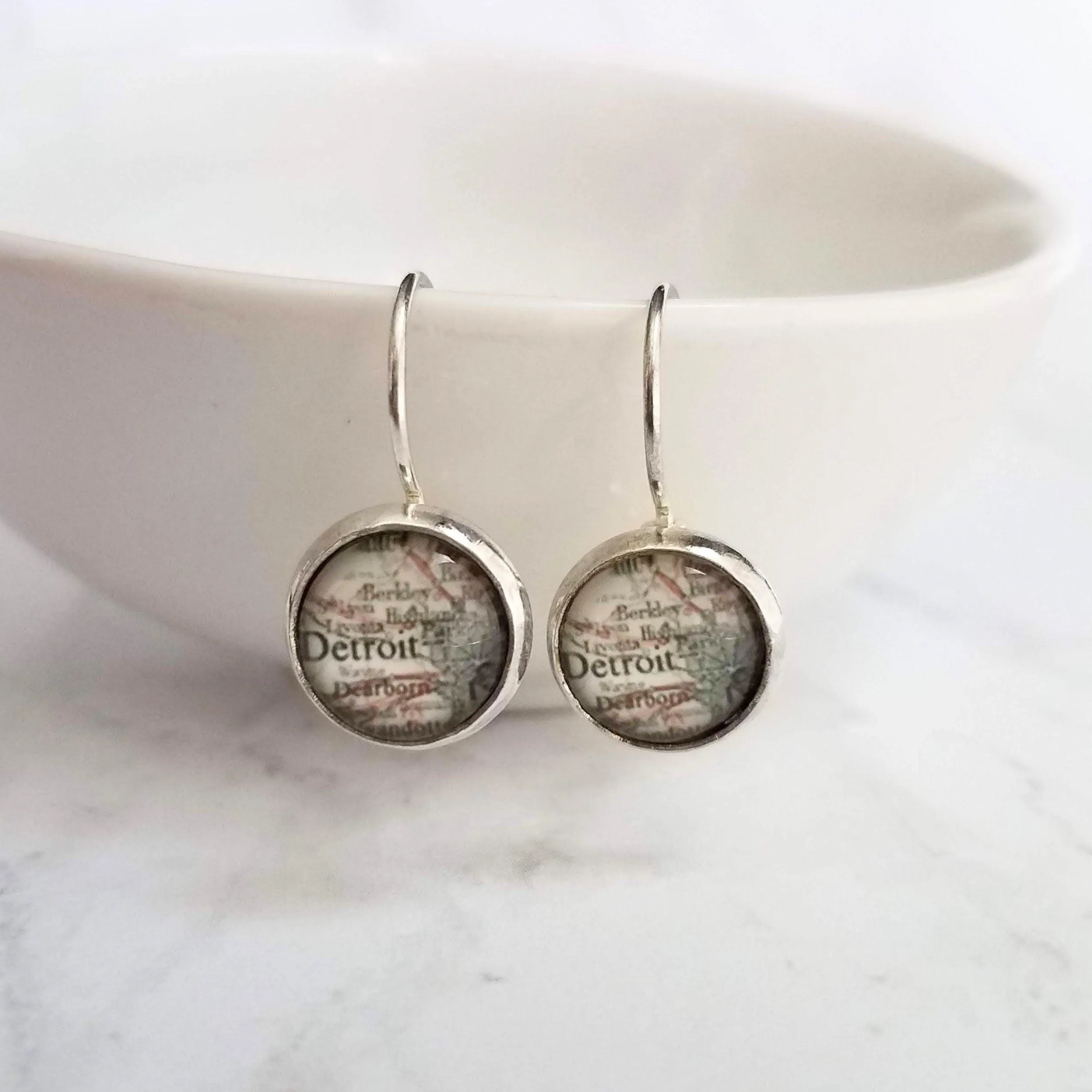 Detroit Michigan Jewelry - silver leverback hook earrings with tiny metro area city map - Livonia Berkley Wayne Dearborn Highland Park gift