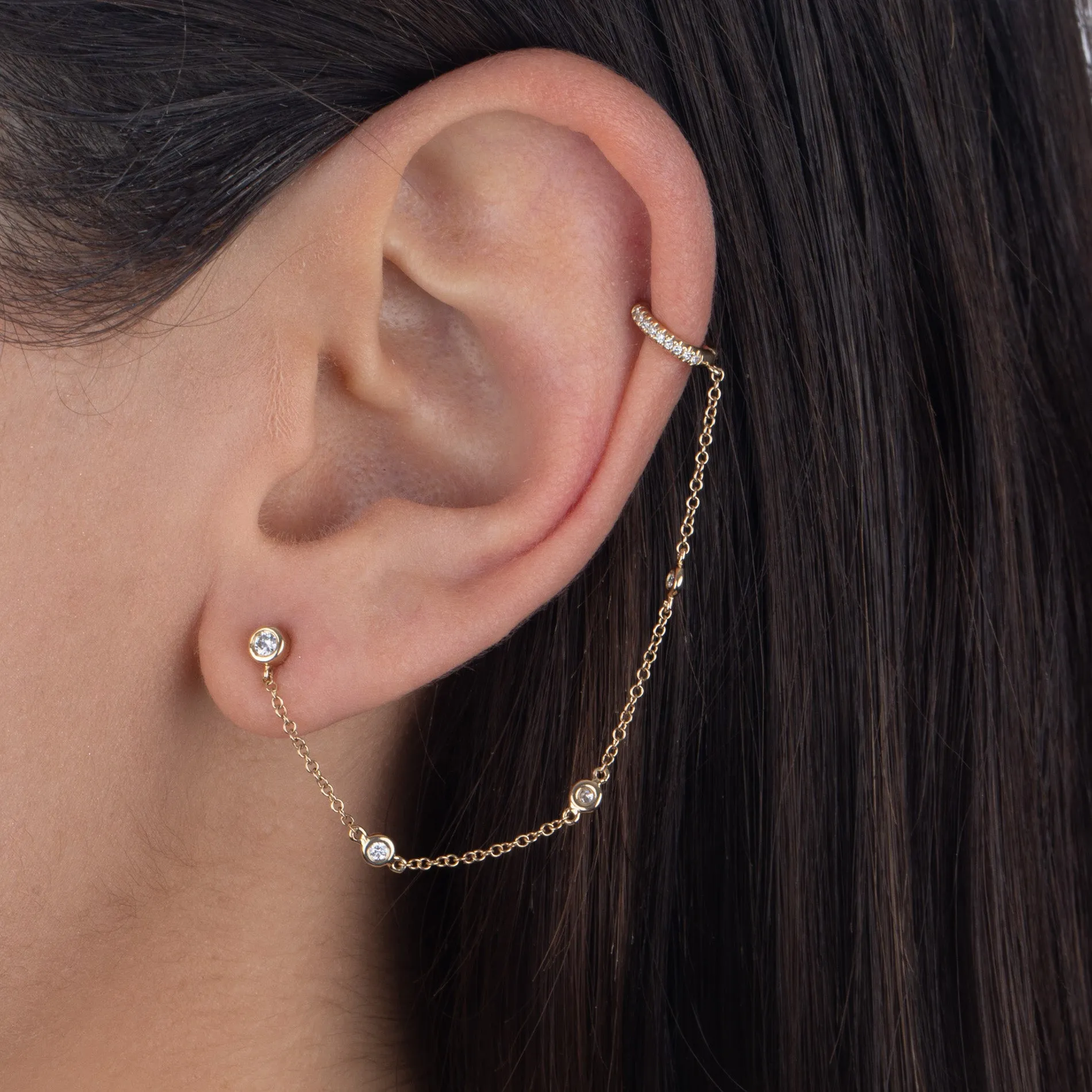 Diamond Bezel Chain Stud X Ear Cuff 14K