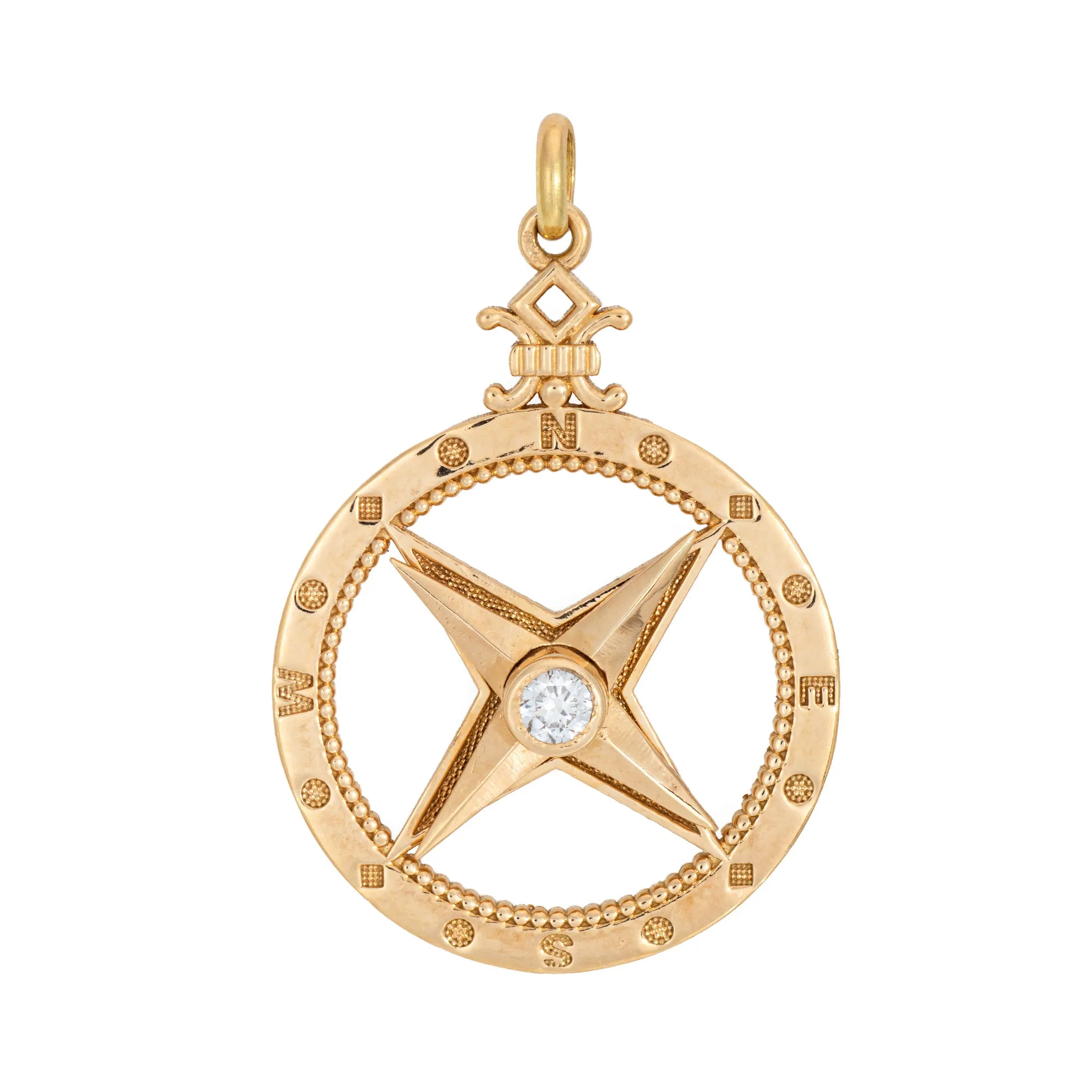 Diamond Compass Pendant 18k Yellow Gold Estate Fine Jewelry Points Move