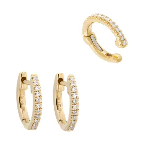 Diamond Ear Cuff X Huggie Earring Combo Set 14K