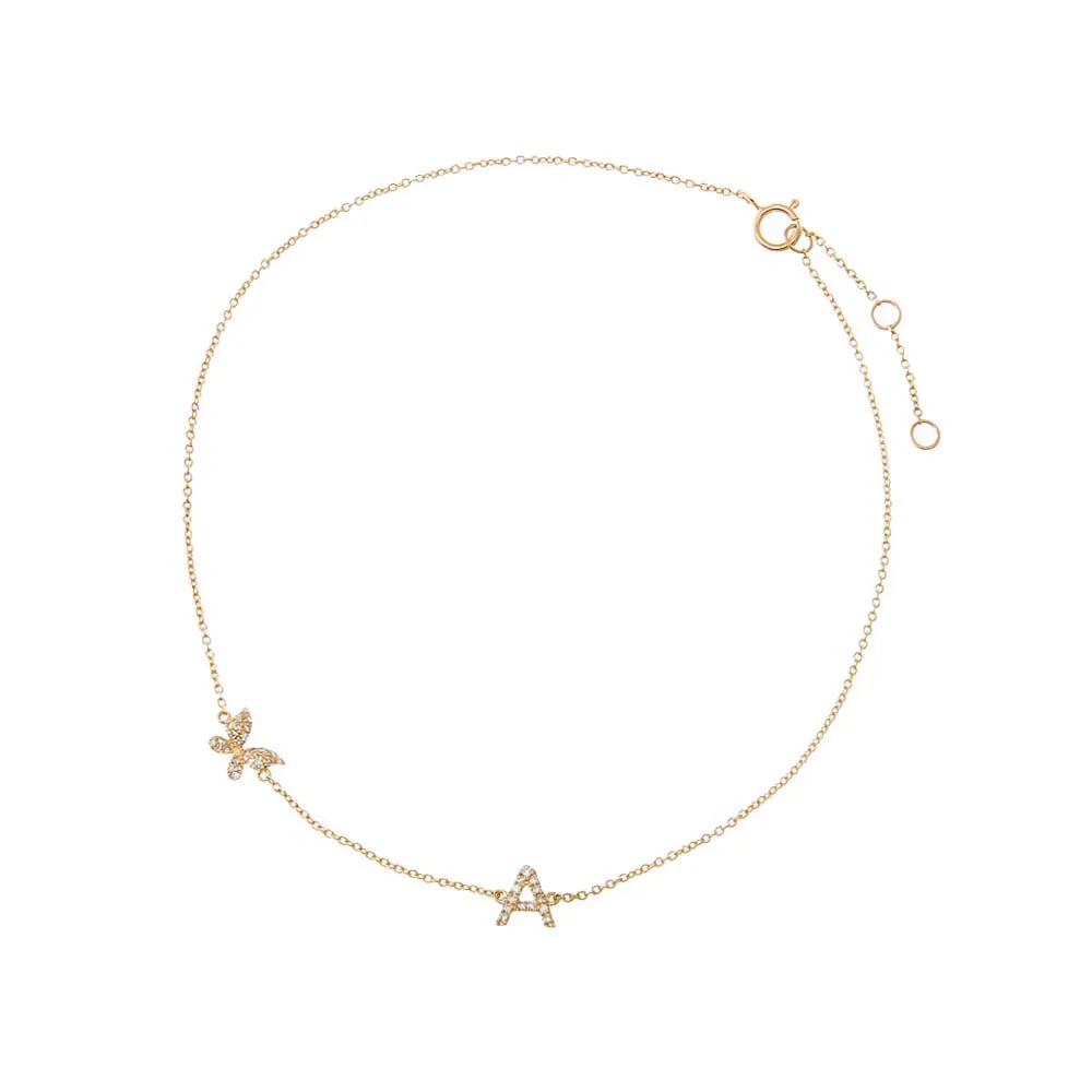 Diamond Pavé Butterfly Initial Anklet 14K