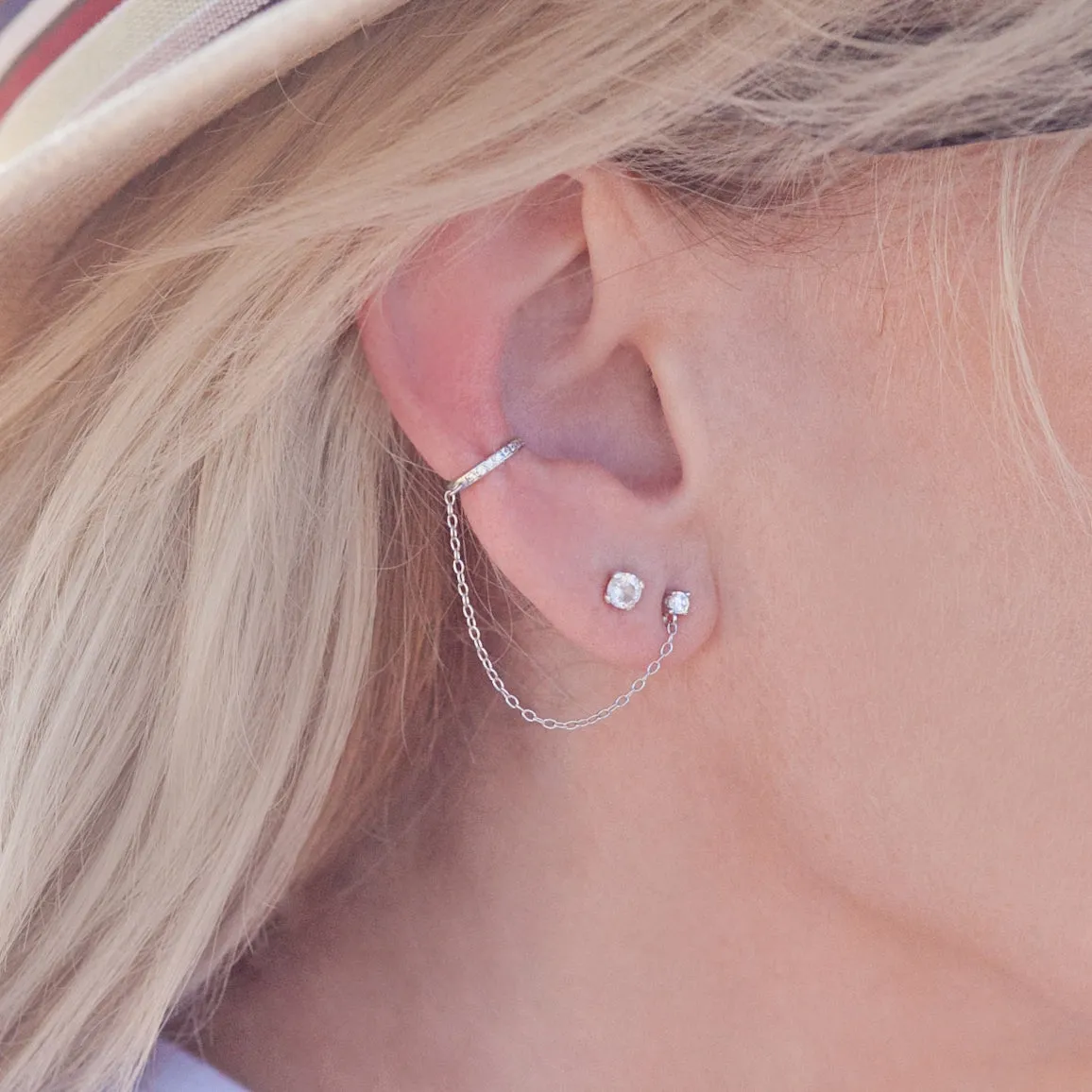 Ear Cuff and Post, with Cubic Zirconia Inlay in Sterling Silver
