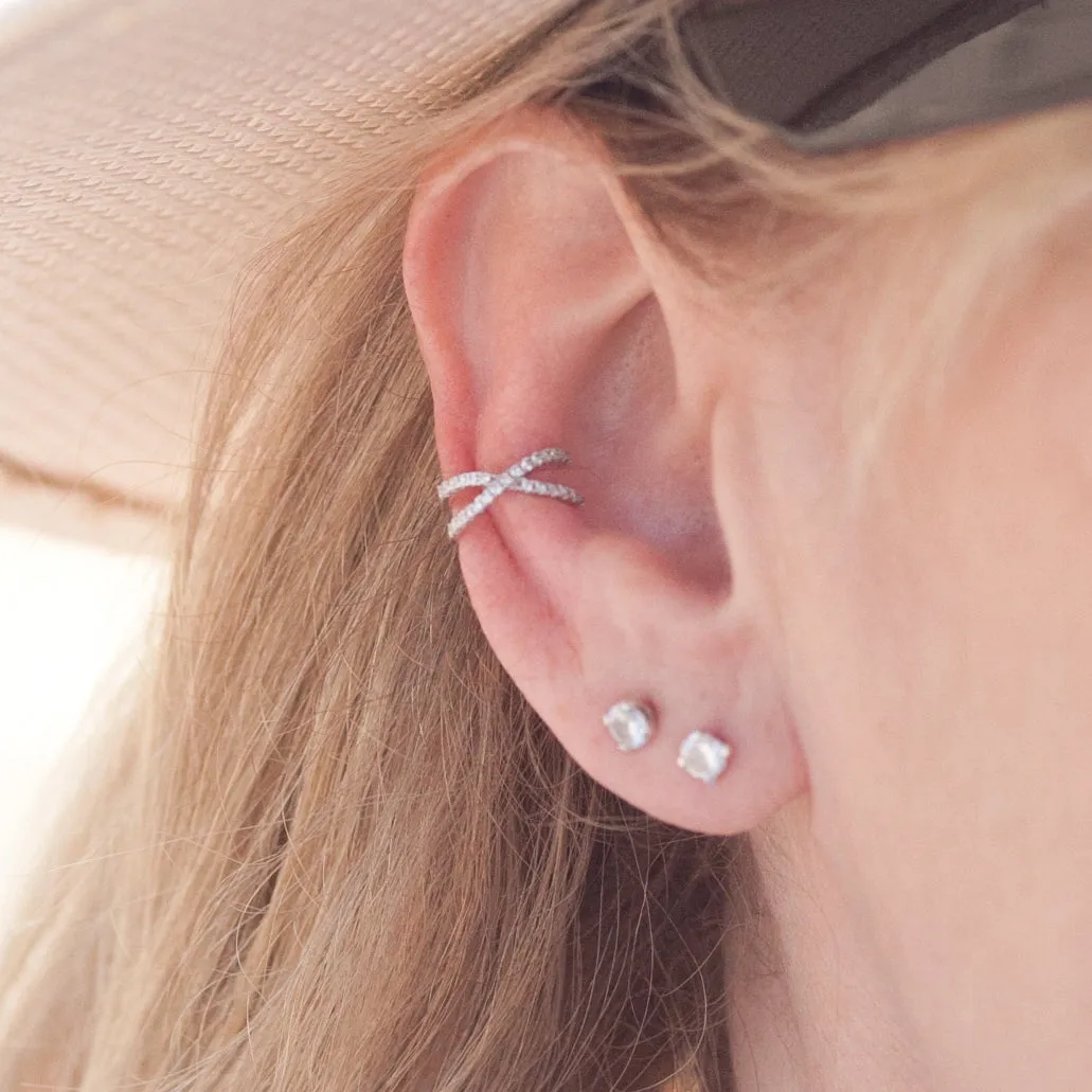 Ear Cuff Criss Cross with Cubic Zirconia in Sterling Silver (no piercing needed)