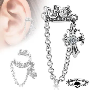 'Earth Angel' Crown w/ Chain and Clear Cubic Zirconia Set Cross Dangle Non-Piercing Ear Cuff (#e008)