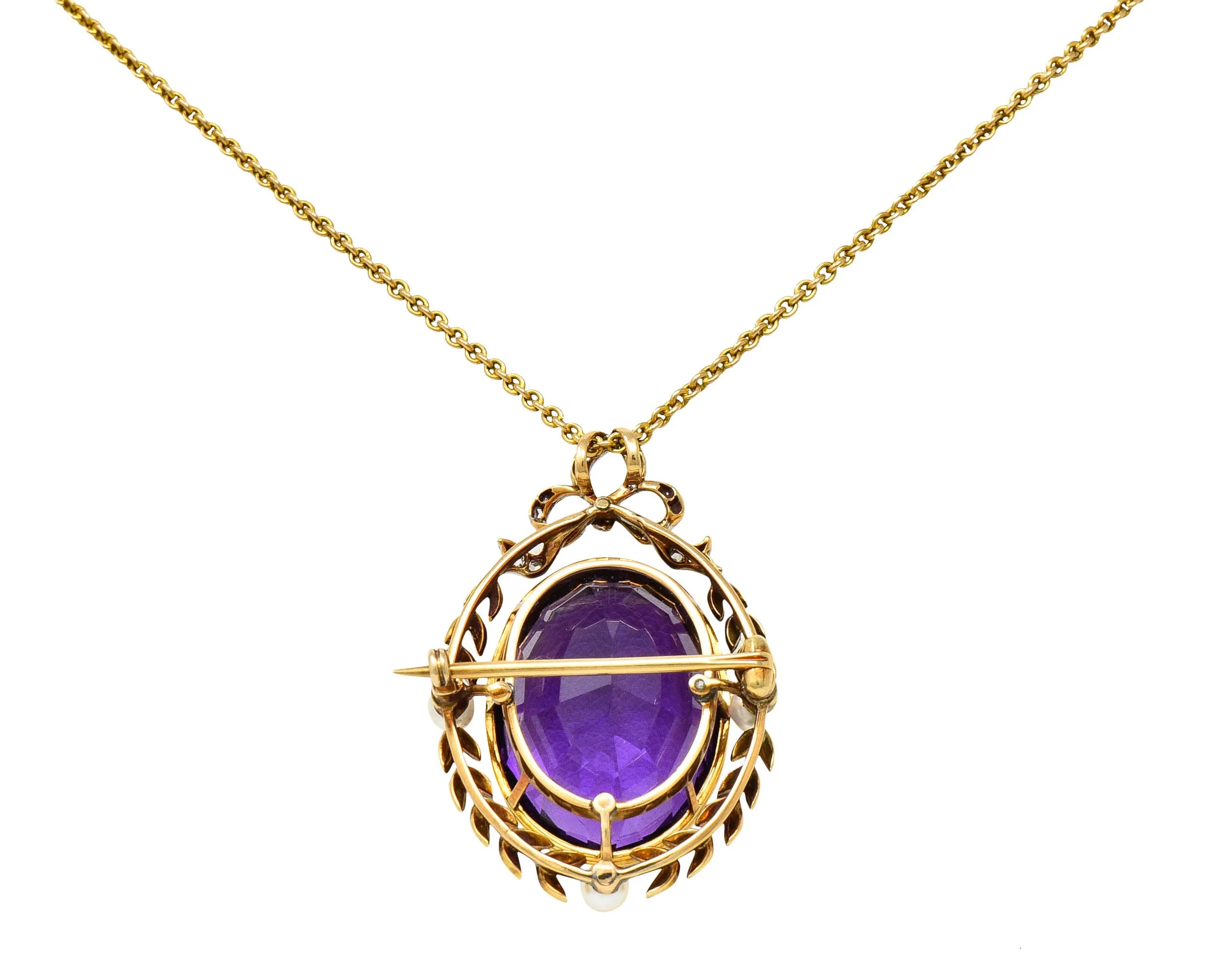 Edwardian Amethyst Diamond Pearl Silver-Topped 14 Karat Gold Laurel Pendant Necklace