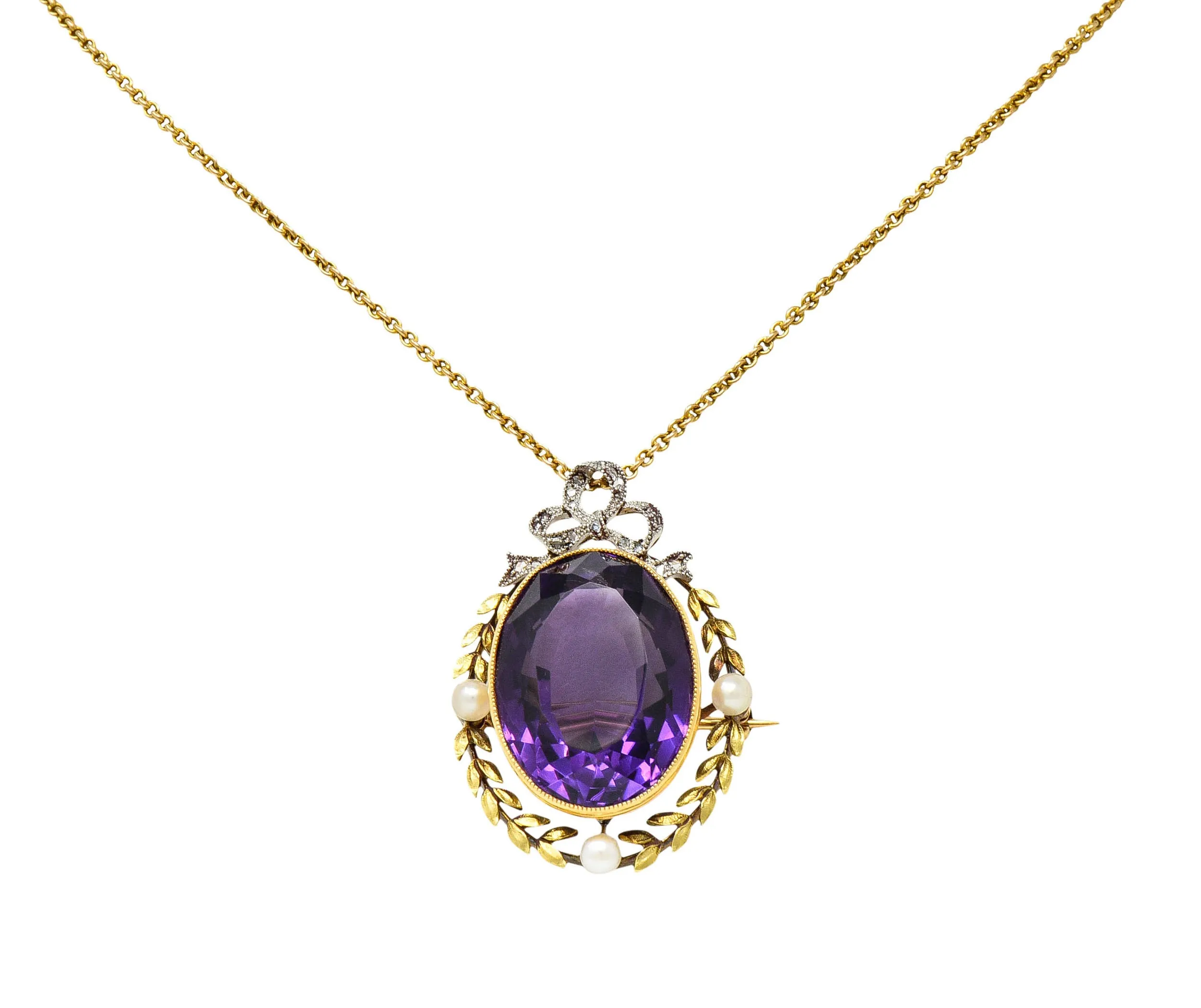 Edwardian Amethyst Diamond Pearl Silver-Topped 14 Karat Gold Laurel Pendant Necklace