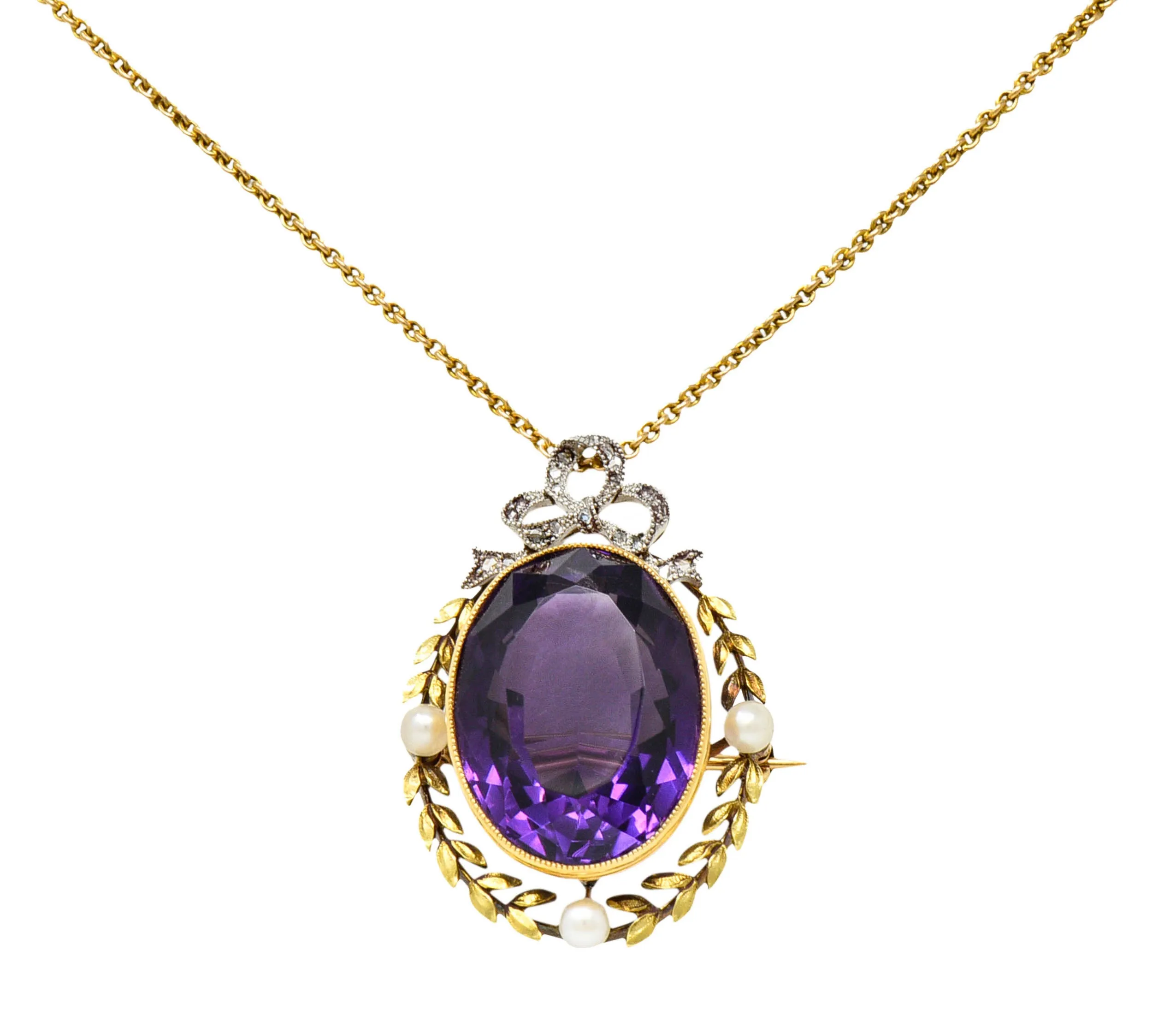 Edwardian Amethyst Diamond Pearl Silver-Topped 14 Karat Gold Laurel Pendant Necklace