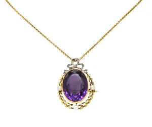 Edwardian Amethyst Diamond Pearl Silver-Topped 14 Karat Gold Laurel Pendant Necklace