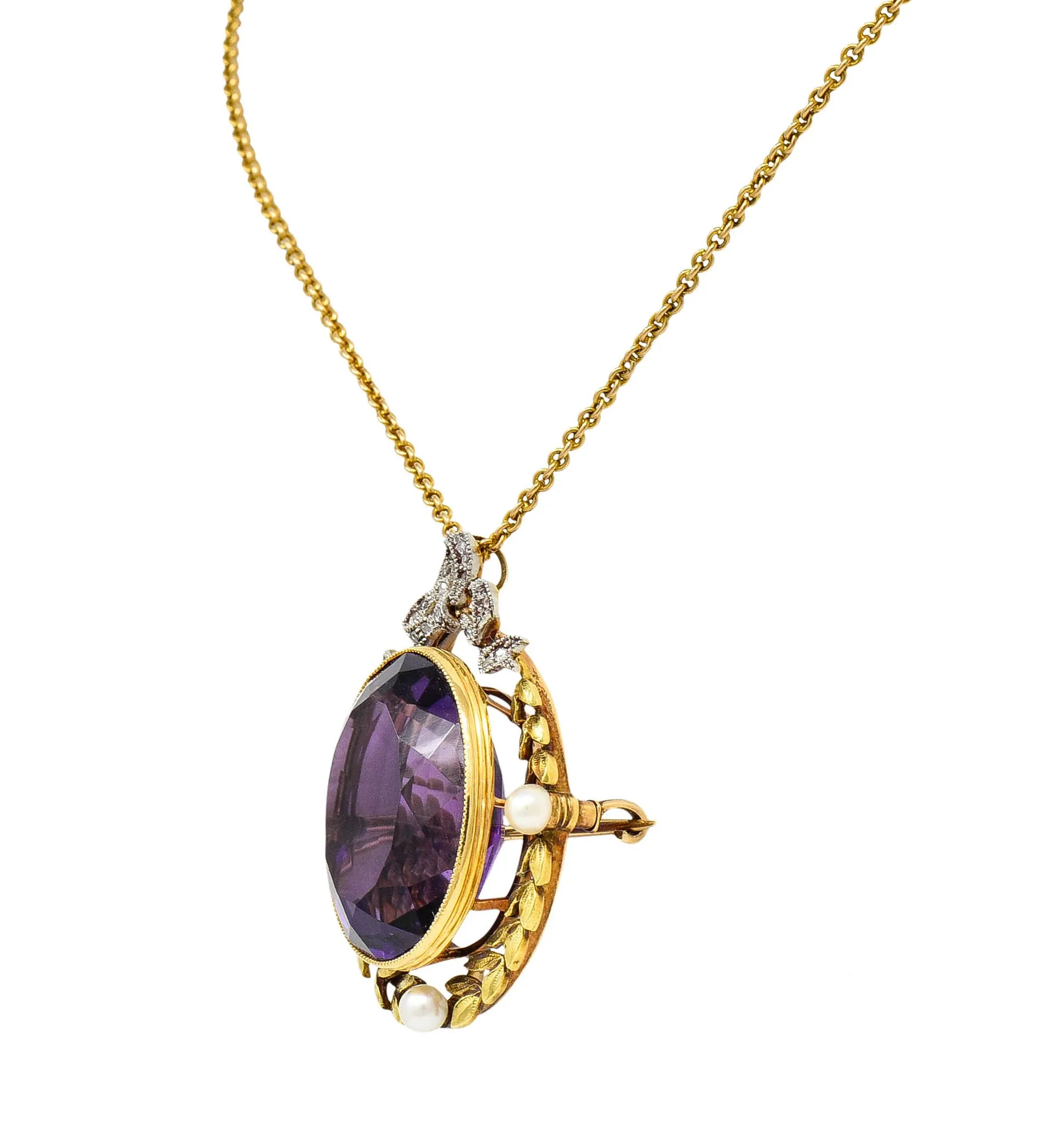 Edwardian Amethyst Diamond Pearl Silver-Topped 14 Karat Gold Laurel Pendant Necklace