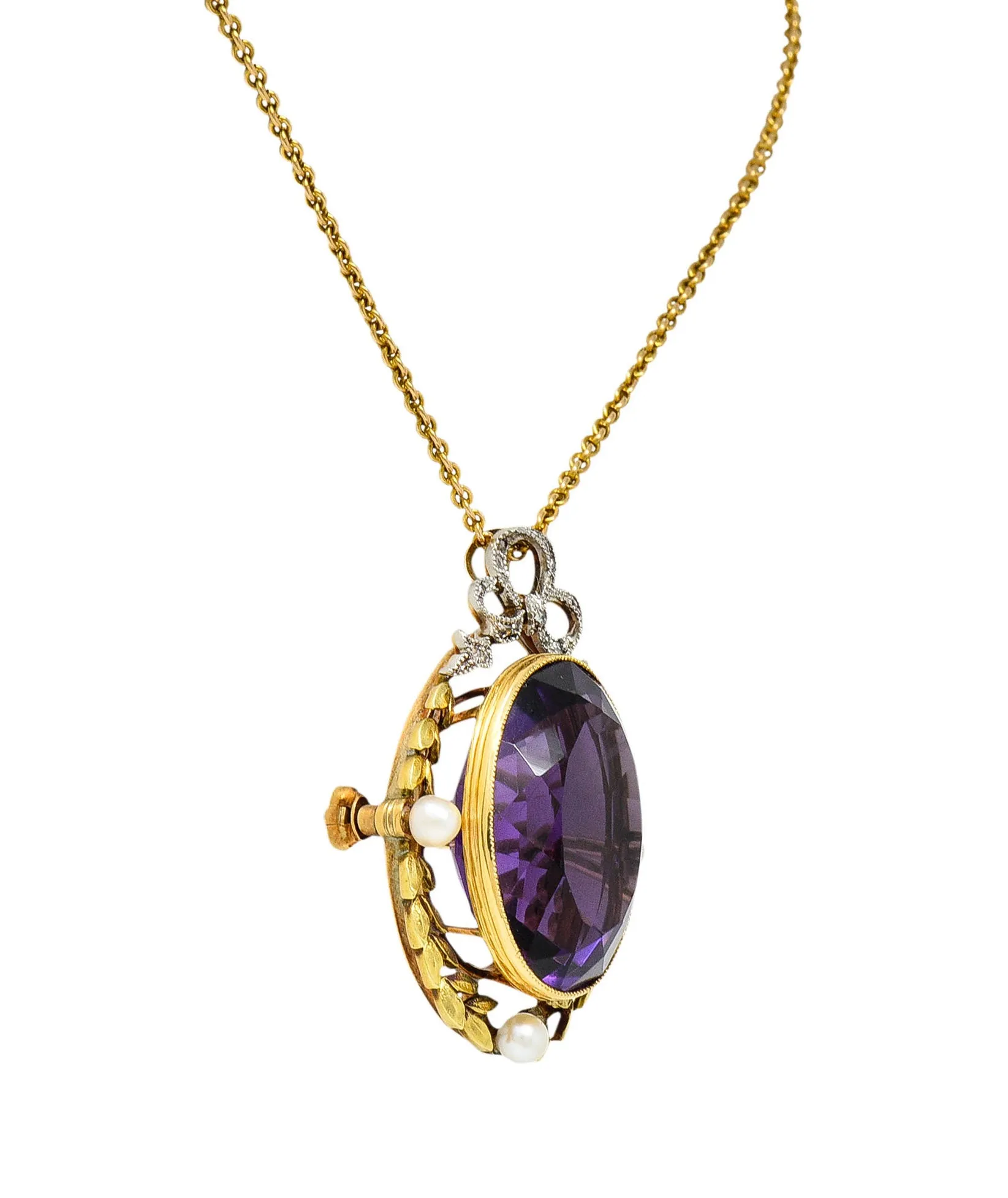 Edwardian Amethyst Diamond Pearl Silver-Topped 14 Karat Gold Laurel Pendant Necklace