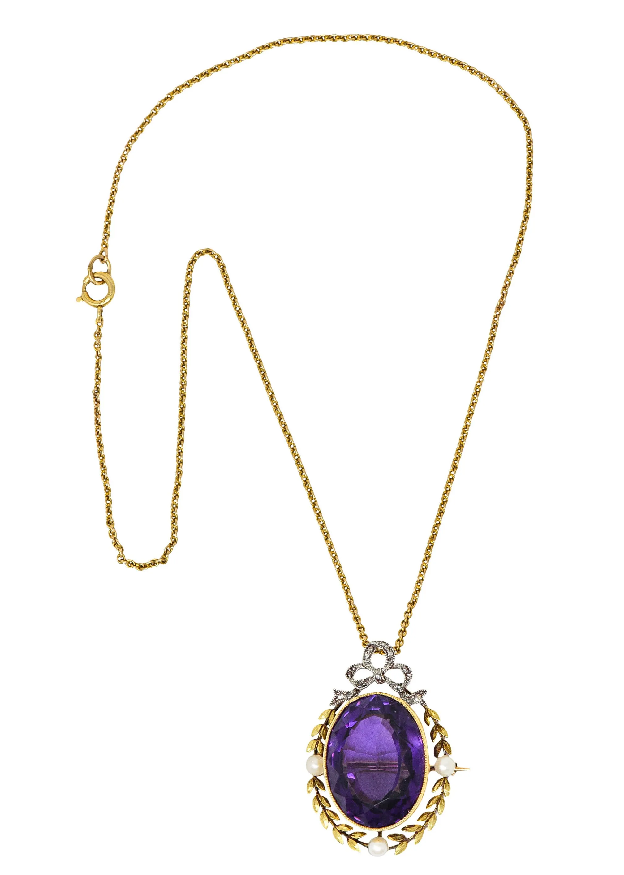 Edwardian Amethyst Diamond Pearl Silver-Topped 14 Karat Gold Laurel Pendant Necklace