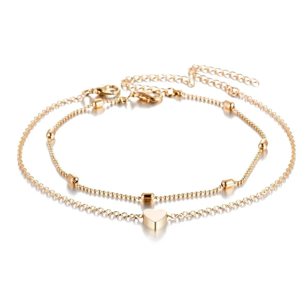 Elegant Modern Women Anklets Simple Heart Barefoot Crochet Sandals Foot Jewelry Brecelets With Two Layer Bracelet Anklets