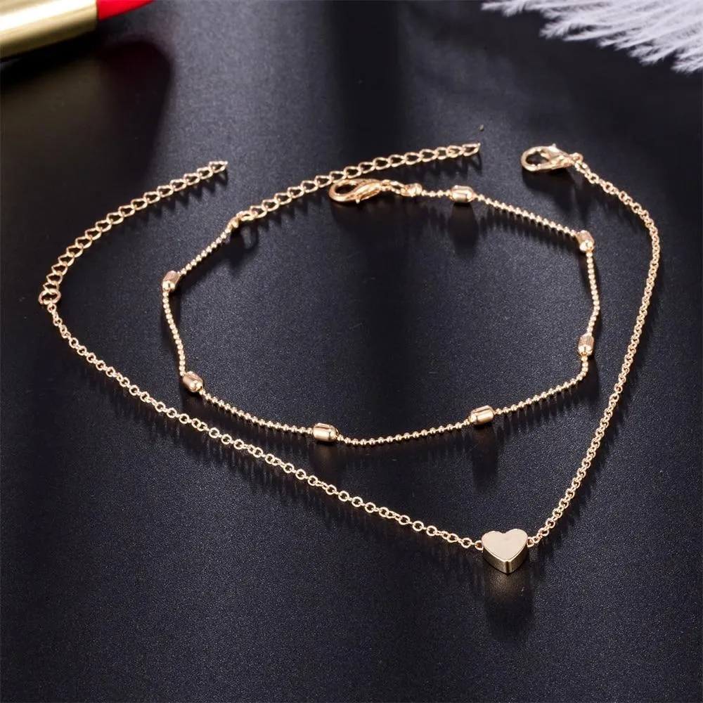 Elegant Modern Women Anklets Simple Heart Barefoot Crochet Sandals Foot Jewelry Brecelets With Two Layer Bracelet Anklets