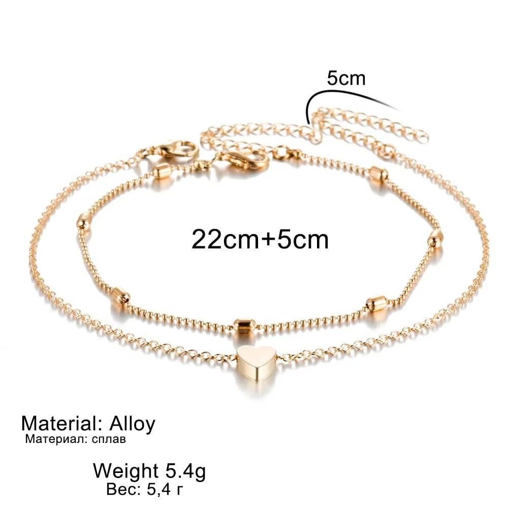 Elegant Modern Women Anklets Simple Heart Barefoot Crochet Sandals Foot Jewelry Brecelets With Two Layer Bracelet Anklets
