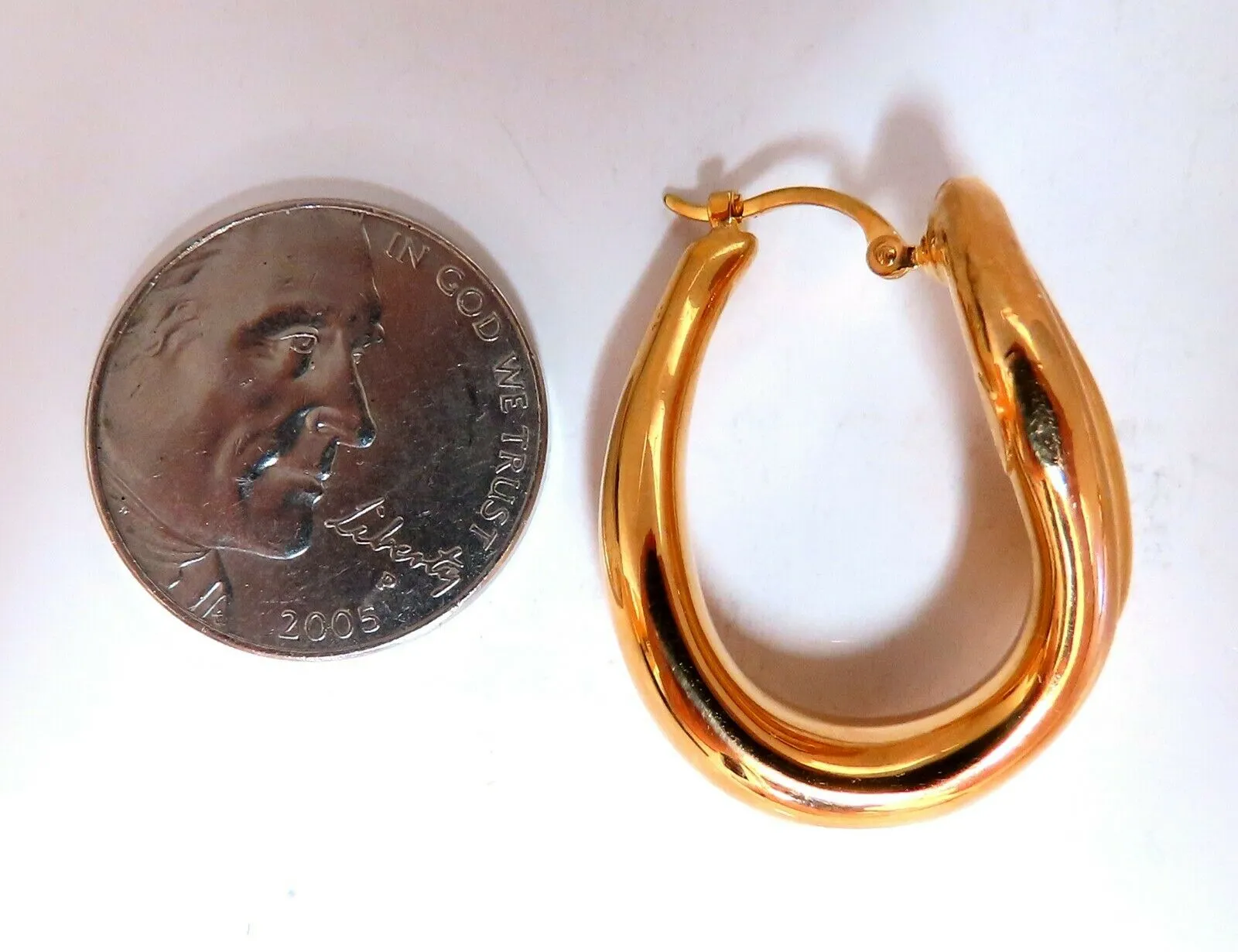 Elongated Flaming Hoop Gold Earrings 14 Karat