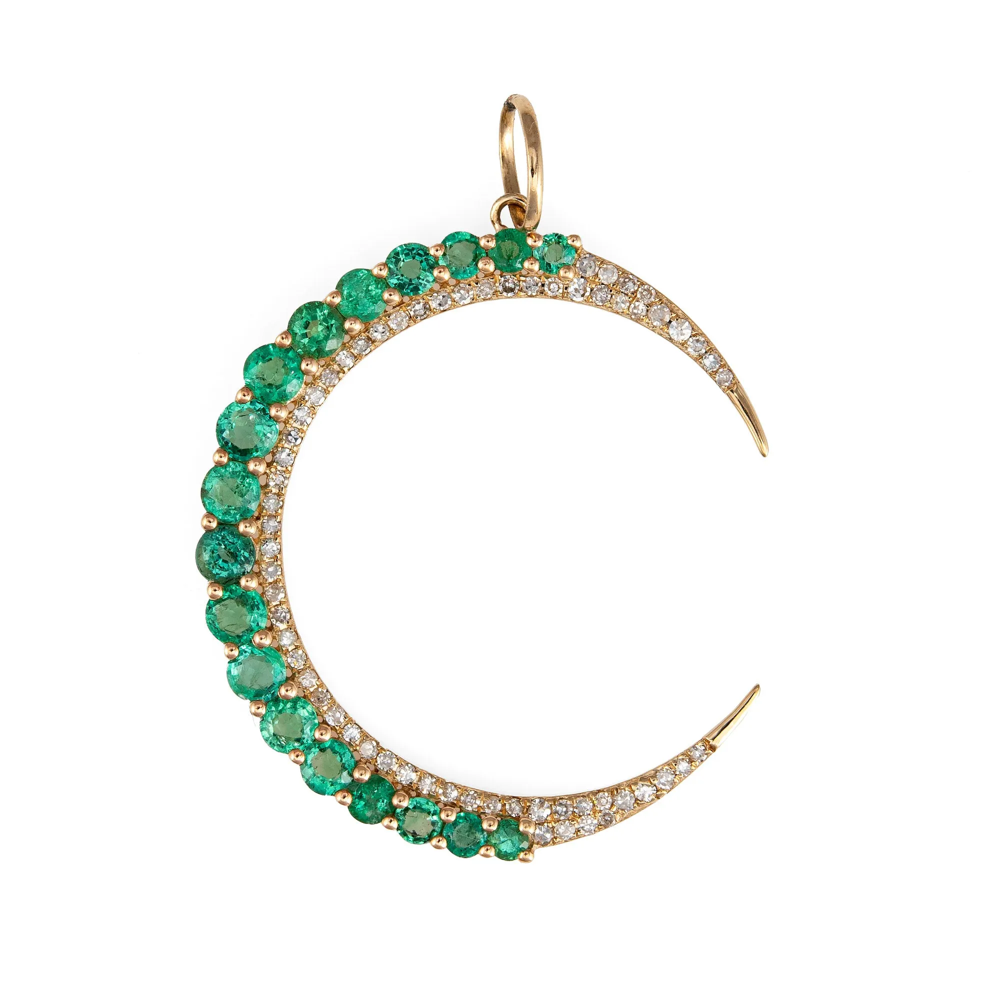 Emerald Diamond Crescent Moon Pendant 14k Yellow Gold Celestial Fine Jewelry
