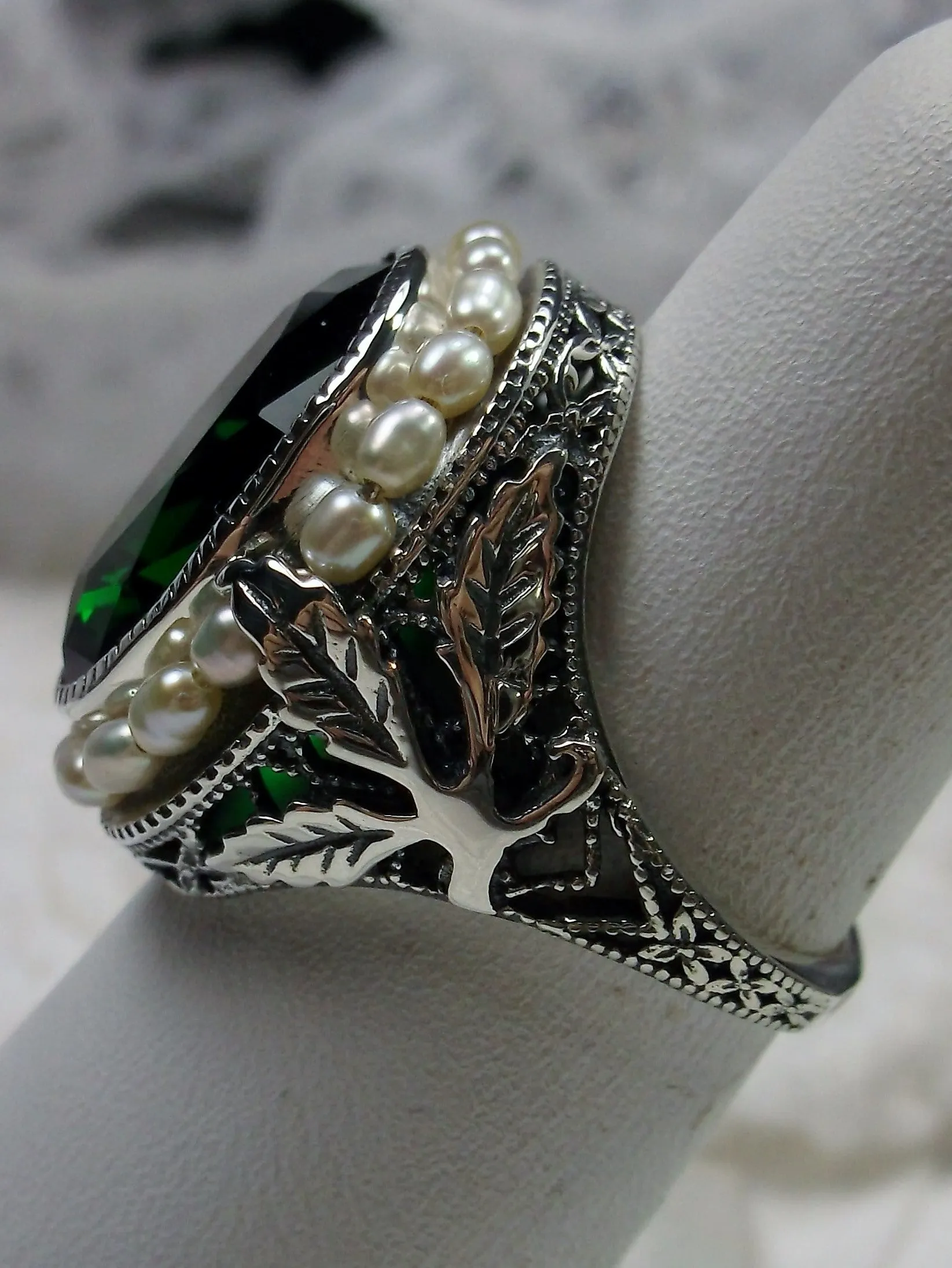 Emerald Ring, Garden Leaf Silver Filigree, Victorian Jewelry #D156