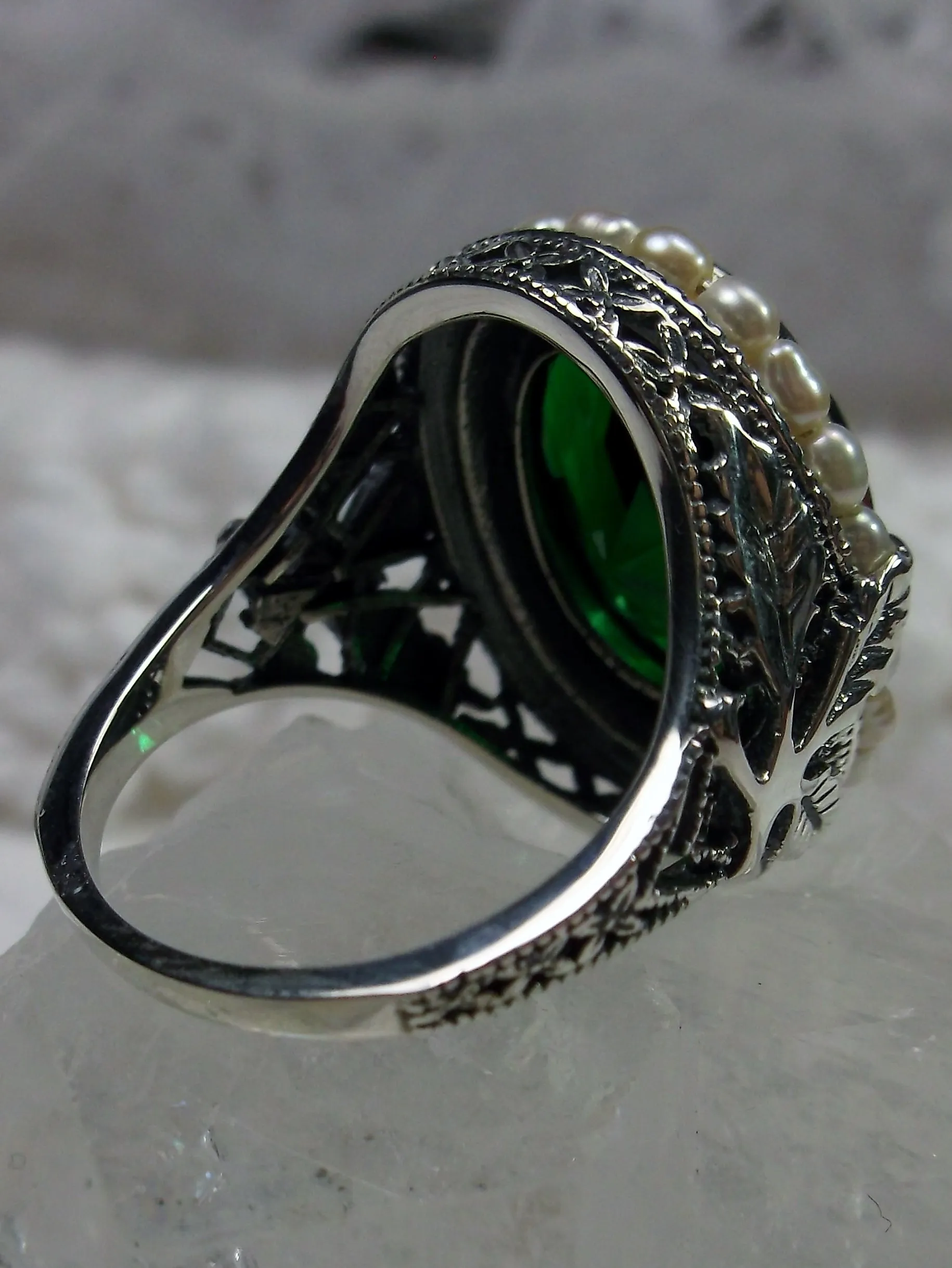 Emerald Ring, Garden Leaf Silver Filigree, Victorian Jewelry #D156