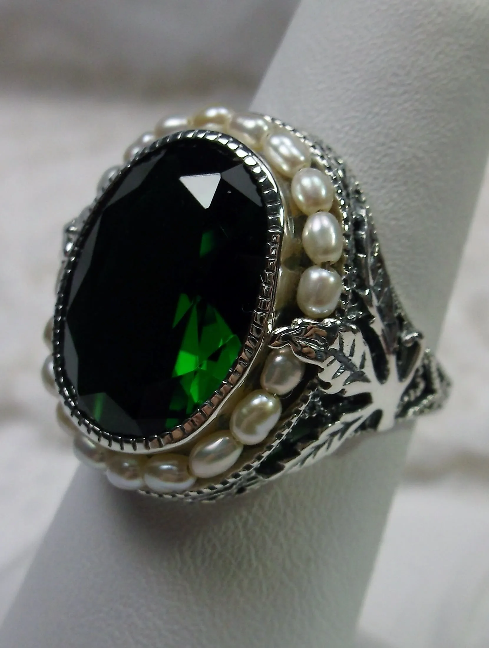 Emerald Ring, Garden Leaf Silver Filigree, Victorian Jewelry #D156