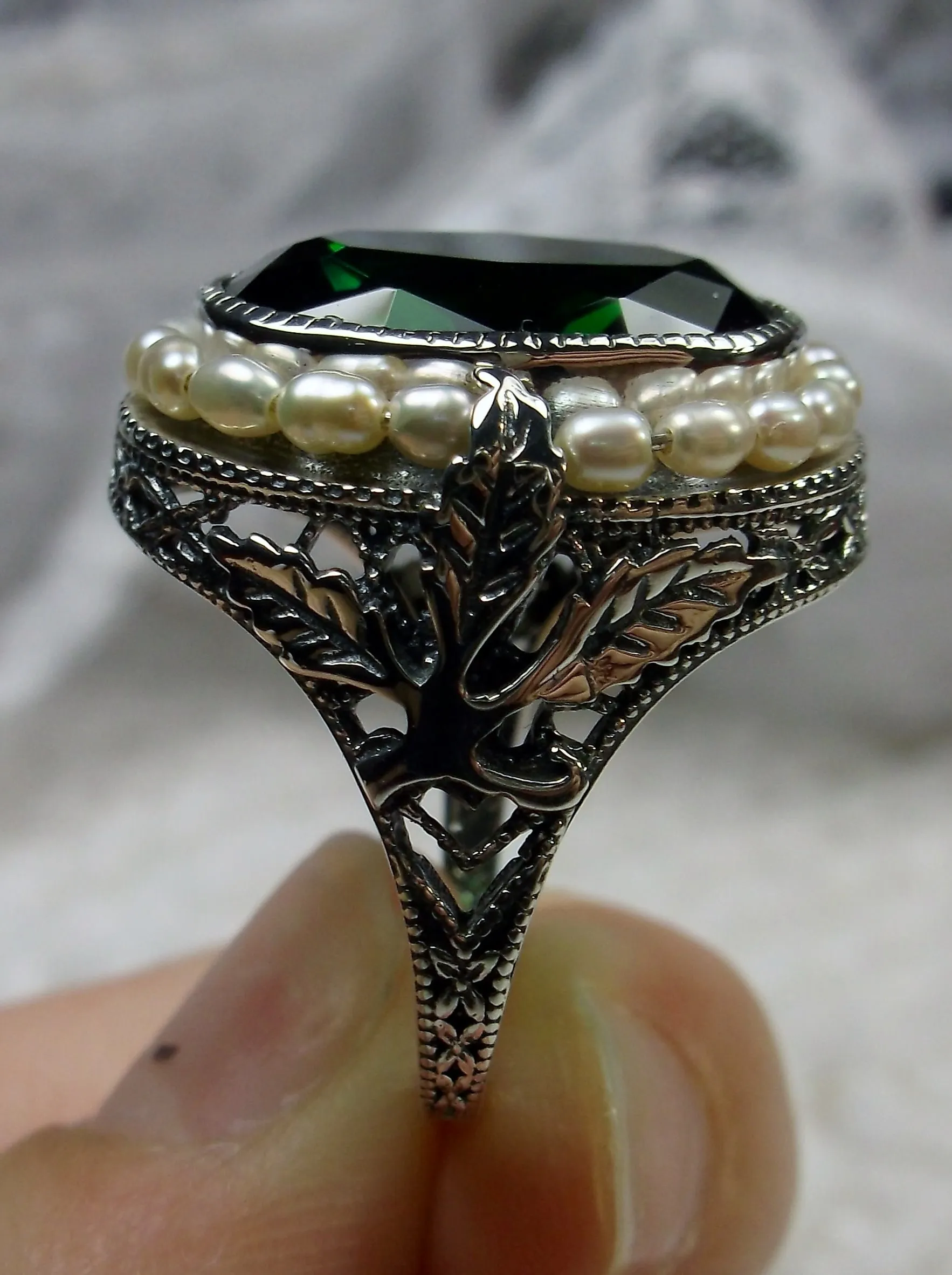 Emerald Ring, Garden Leaf Silver Filigree, Victorian Jewelry #D156