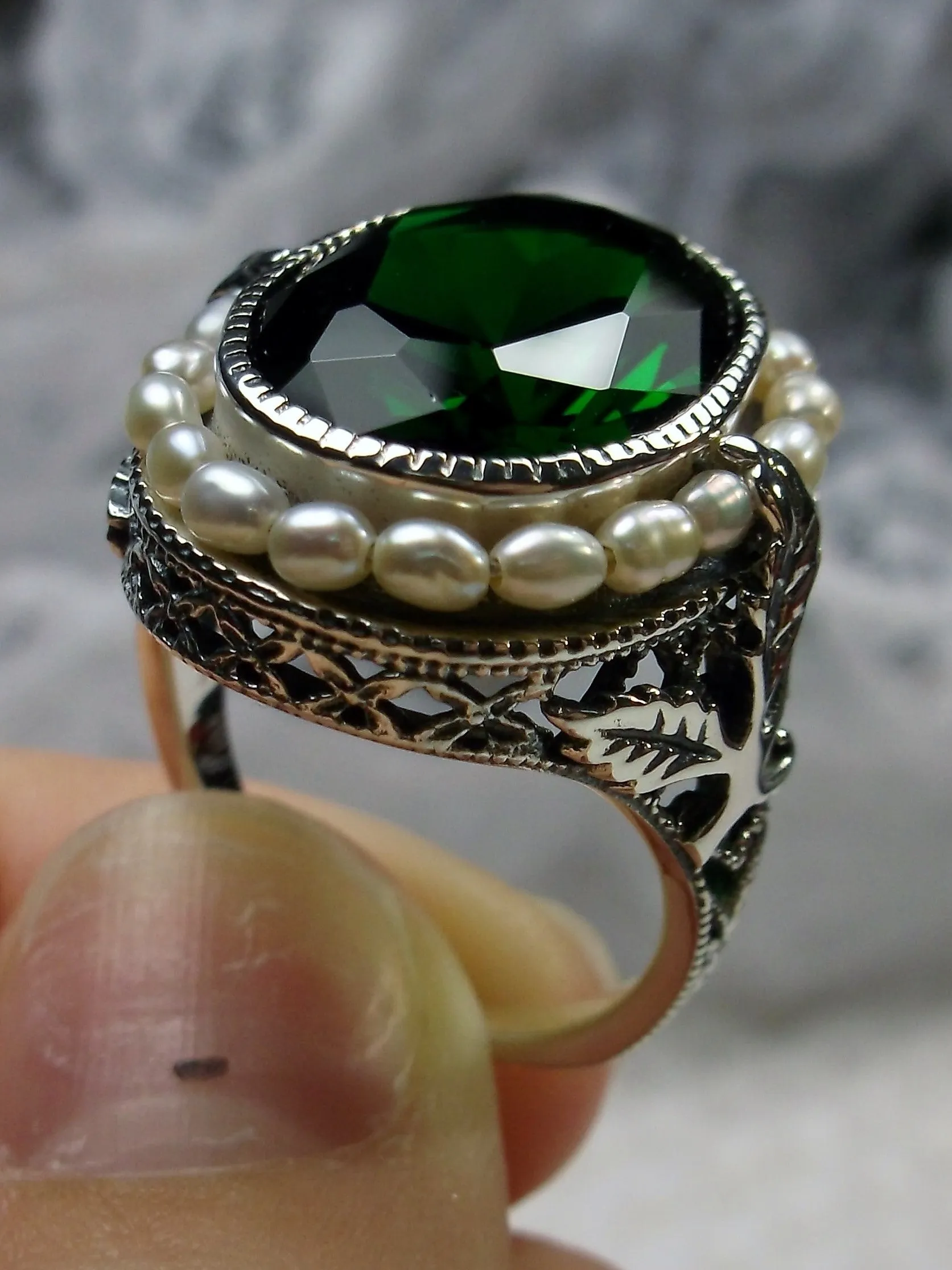 Emerald Ring, Garden Leaf Silver Filigree, Victorian Jewelry #D156