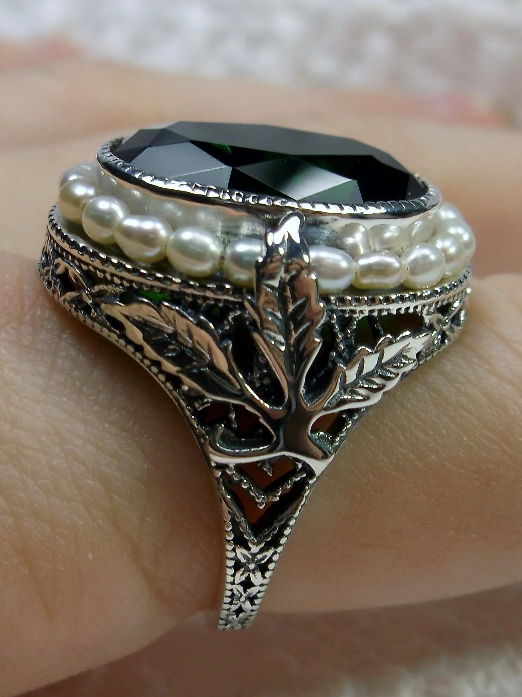 Emerald Ring, Garden Leaf Silver Filigree, Victorian Jewelry #D156