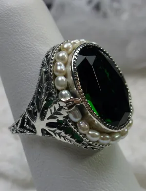 Emerald Ring, Garden Leaf Silver Filigree, Victorian Jewelry #D156