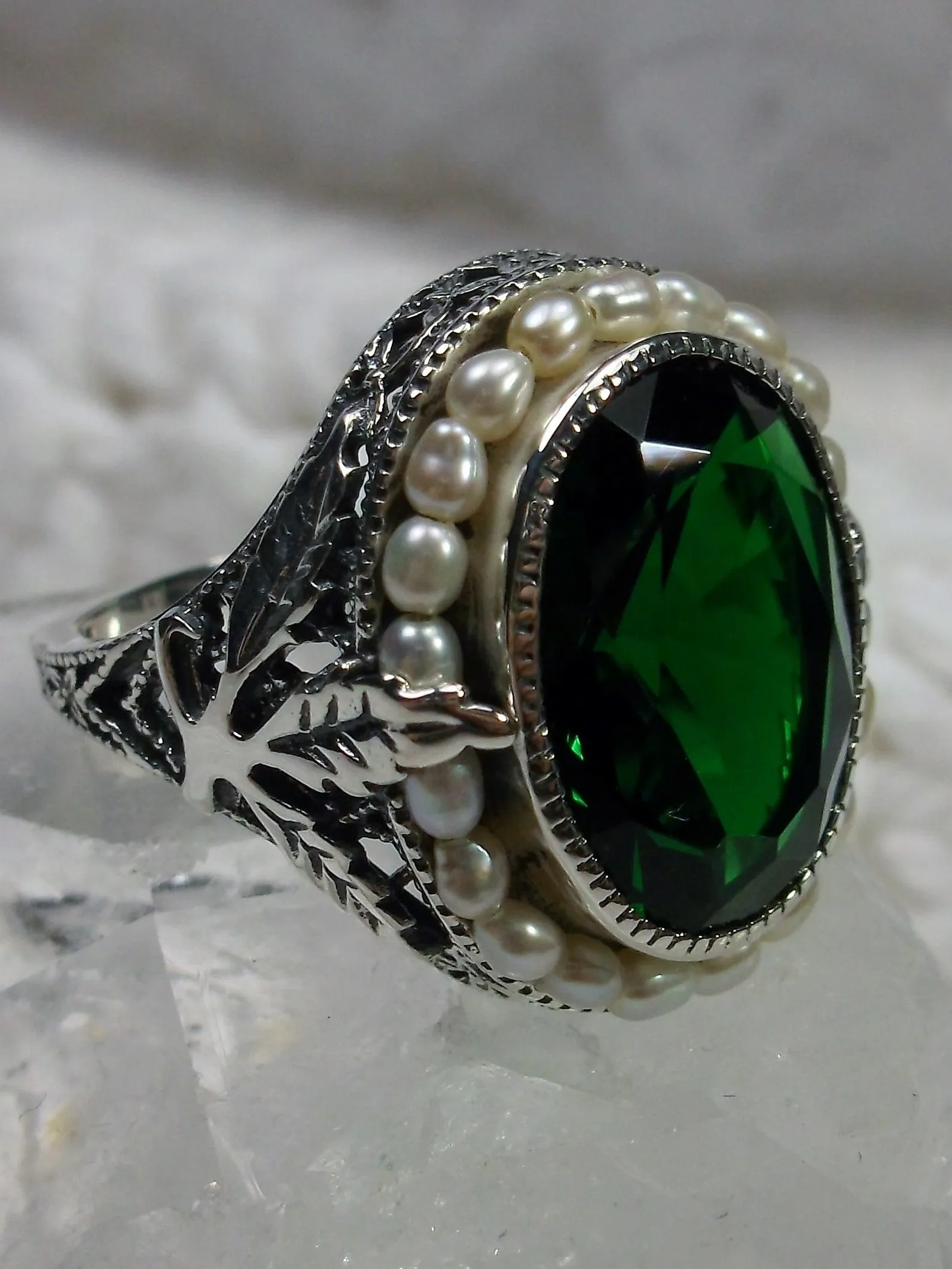 Emerald Ring, Garden Leaf Silver Filigree, Victorian Jewelry #D156