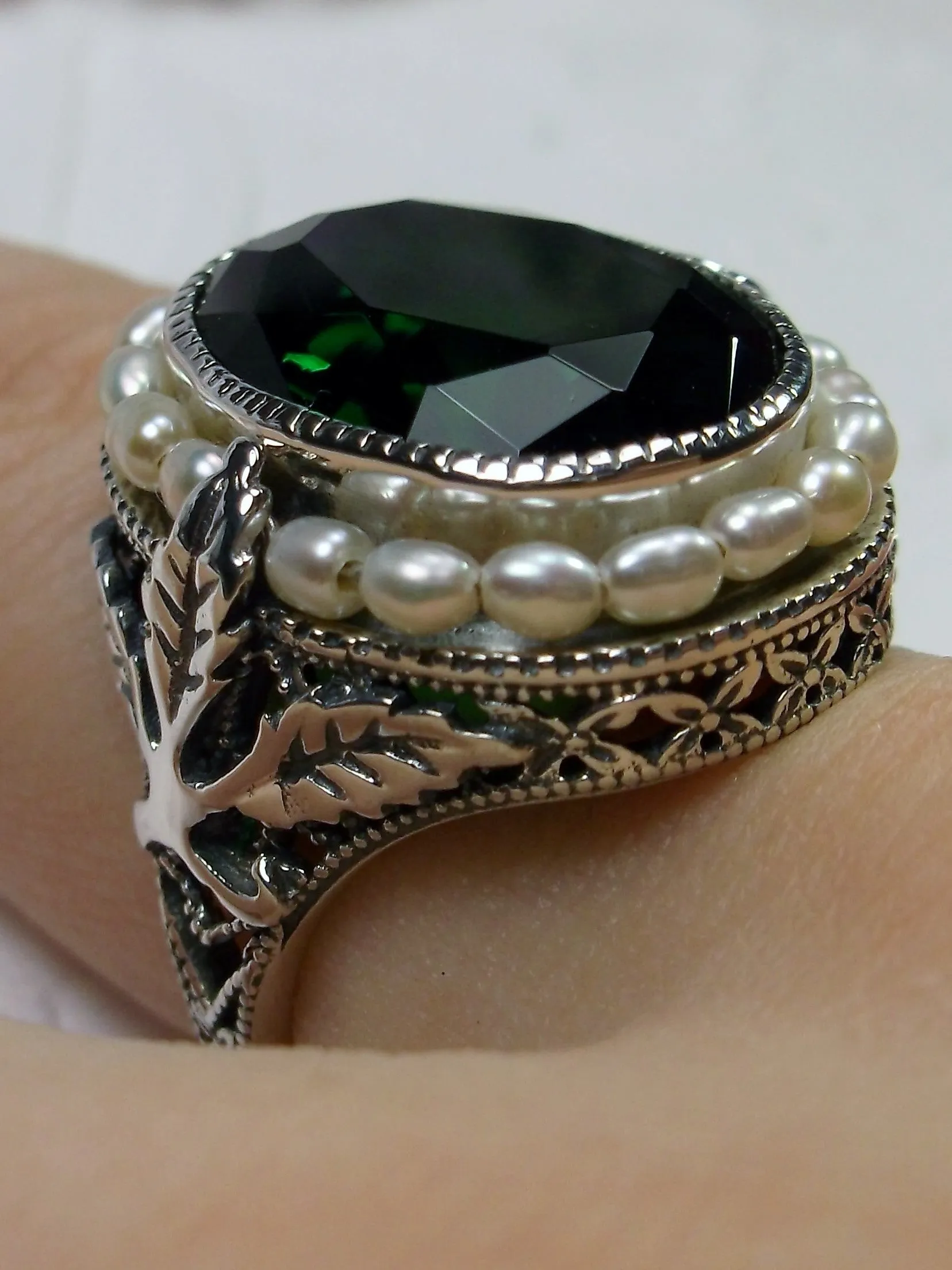 Emerald Ring, Garden Leaf Silver Filigree, Victorian Jewelry #D156