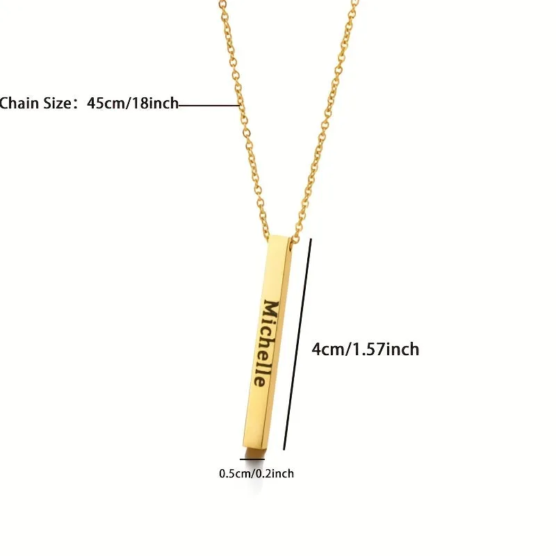 Engraved Square Vertical Strip Custom Name Necklace Stainless Steel Pendant