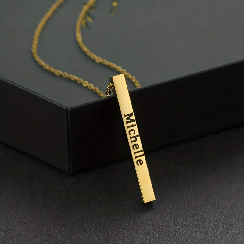Engraved Square Vertical Strip Custom Name Necklace Stainless Steel Pendant