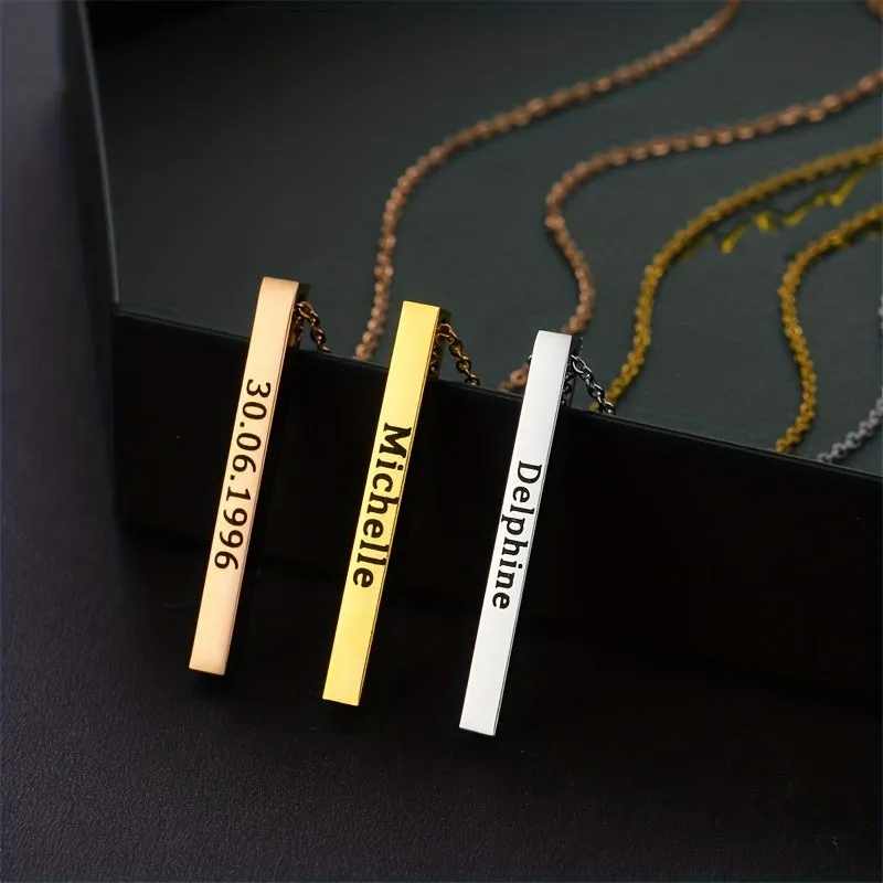Engraved Square Vertical Strip Custom Name Necklace Stainless Steel Pendant