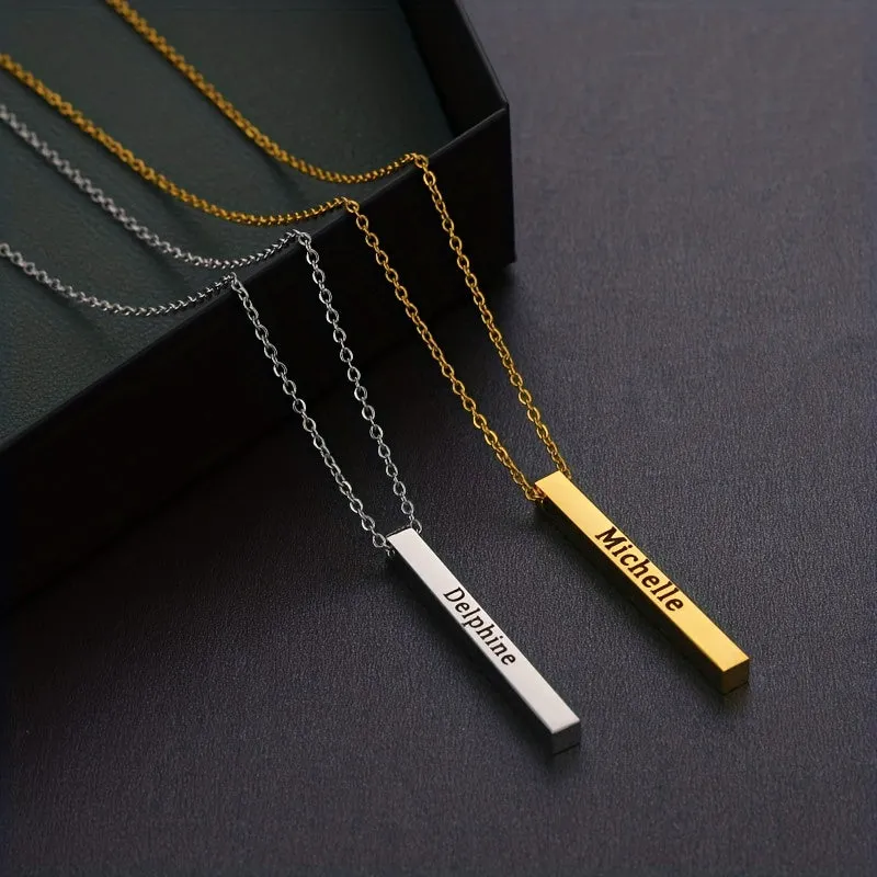 Engraved Square Vertical Strip Custom Name Necklace Stainless Steel Pendant