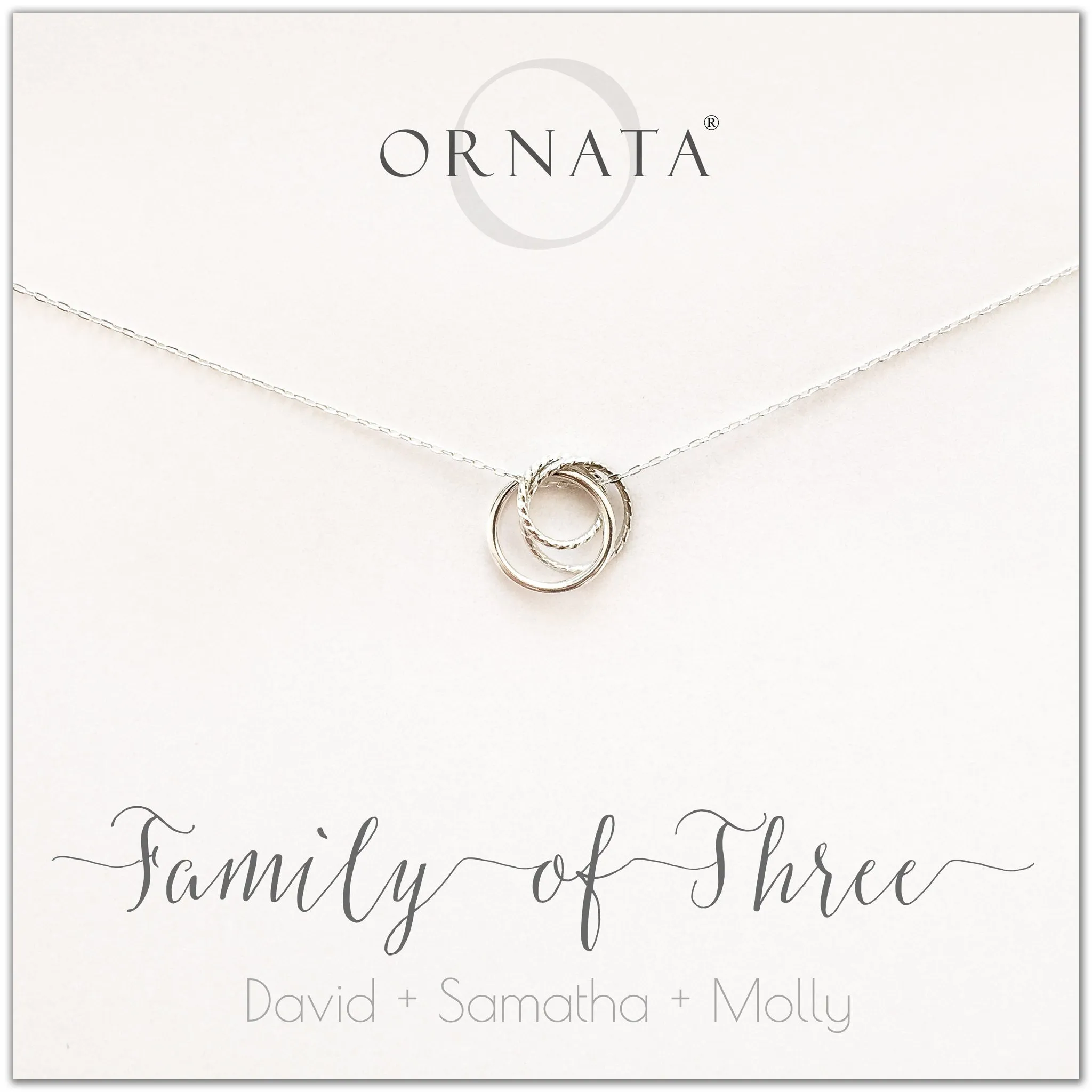 “Family of Three” Interlocking Sterling Silver Necklace on Personalized Jewelry Card